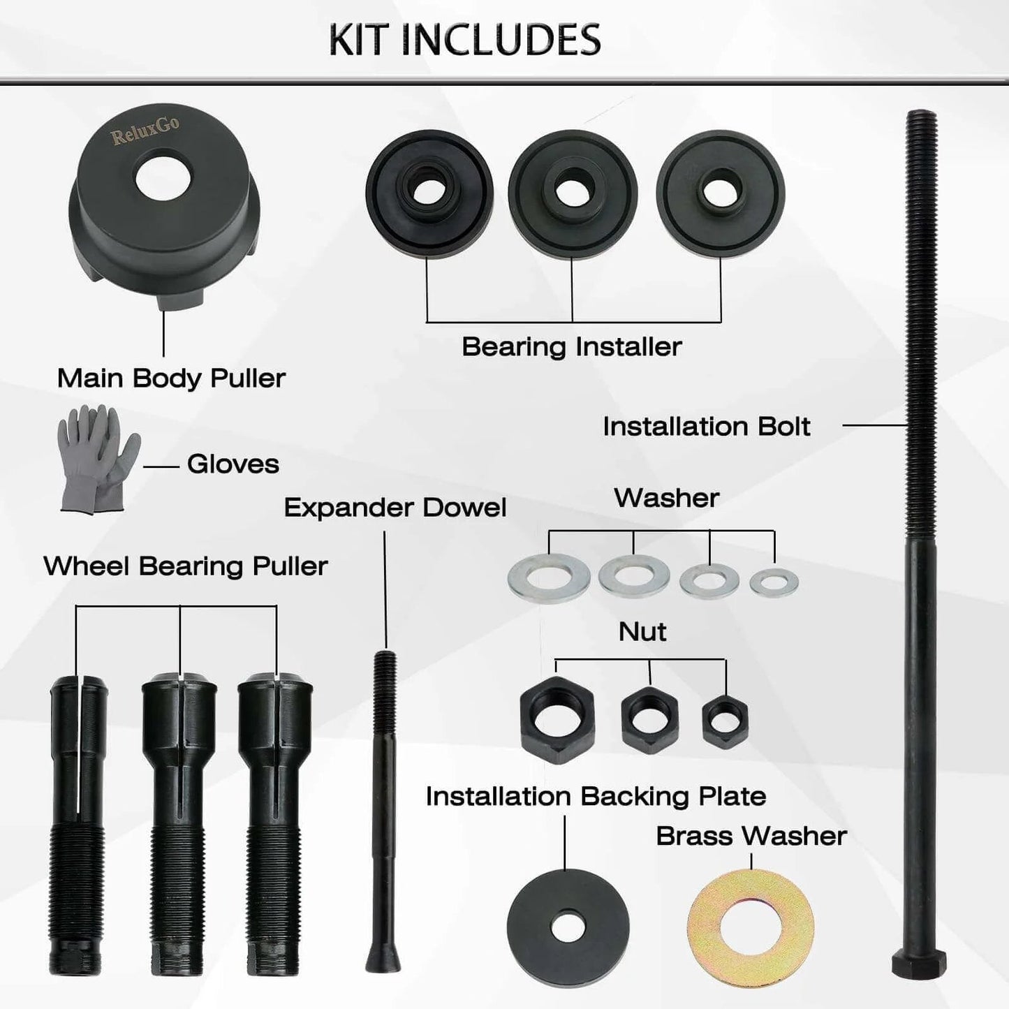 Wheel Bearing Puller Removal Motorcycle Tool Kit for Harley Davidson, showing main body puller, bearing installer, and accessories.
