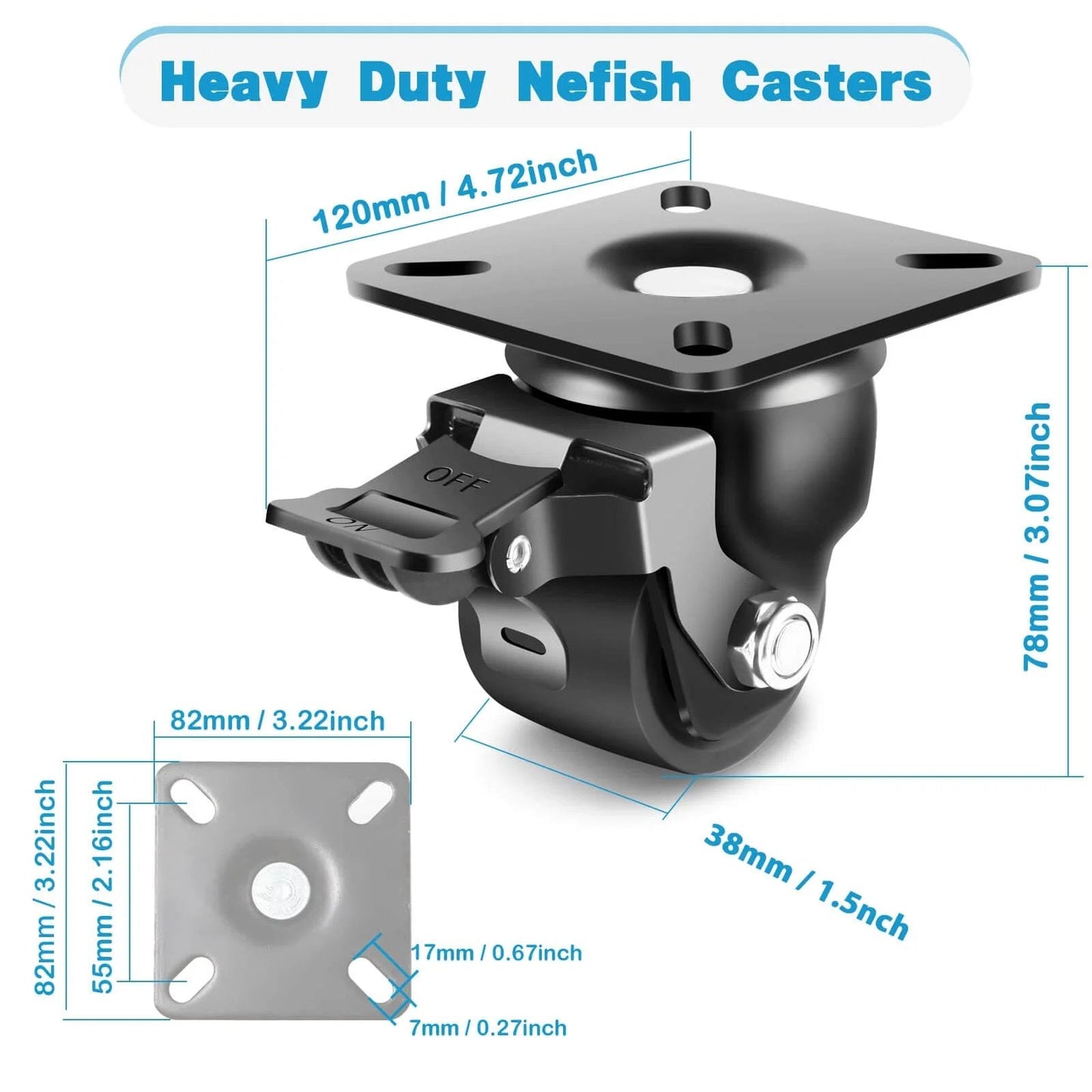 2-Inch Heavy Duty Castors Wheels 2200 LBS, showing swivel caster with brake and dimensions, corrosion-resistant nylon material