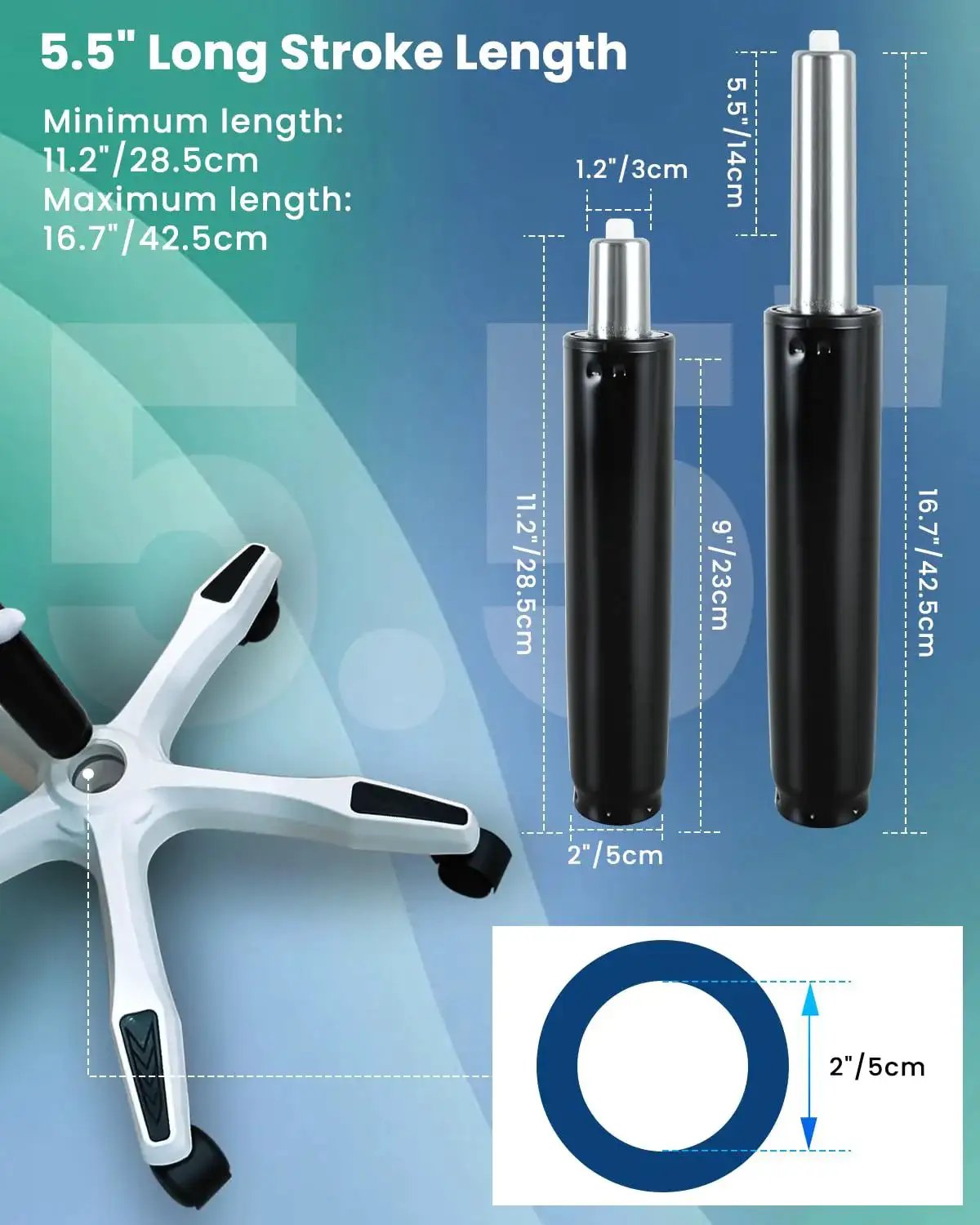 Heavy Duty Adjustable Office Chair Hydraulic Cylinder Replacement Supports Up To 1000 Pounds, detailed view with dimensions