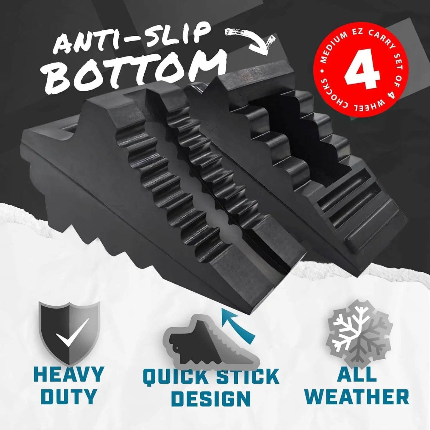 Image of 4 Pack Wheel Chocks For Cars, RVs, Trucks And Trailers Up To 8T GVW, showing anti-slip design and heavy-duty material