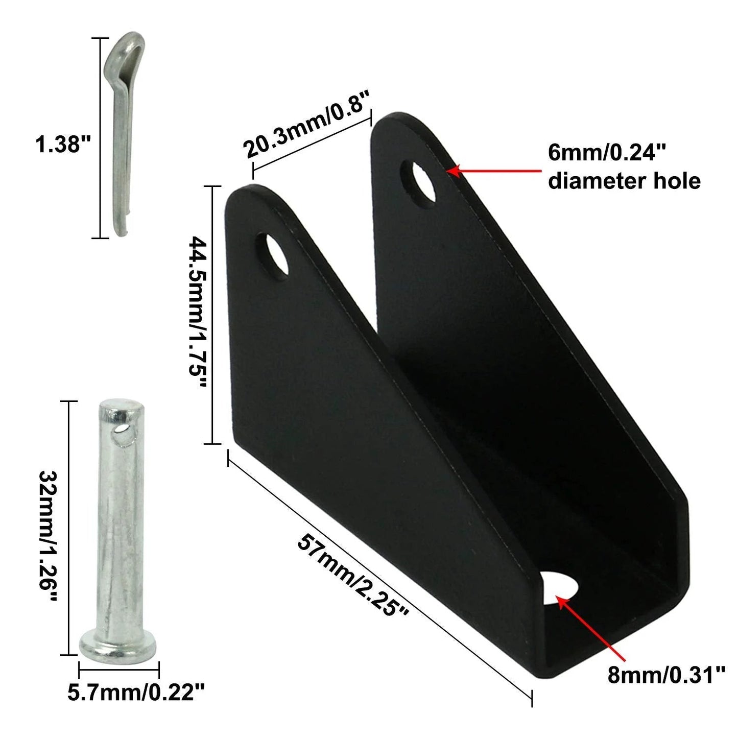 Heavy Duty Black Steel Mounting Brackets For Linear Actuators, Two Pack, 6mm Mount Holes, 20.3mm Center To Center, Rust Resistant Iron Hardware, Supports Up To 350 Pounds, Strong, Reliable, Easy Install - close-up with dimensions shown.