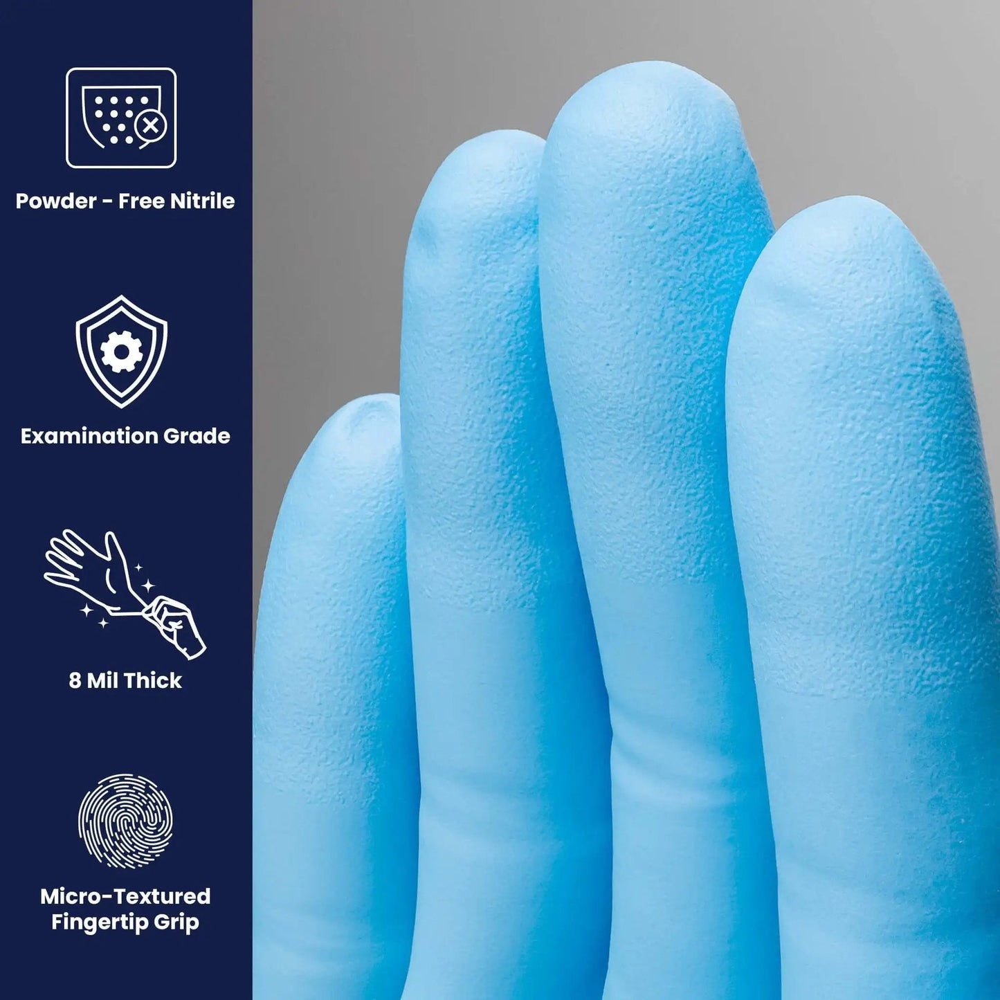 Close-up of Heavy Duty 8 Mil Nitrile Exam Gloves With Textured Grip Blue 2X-Large Case Of 900 Powder Free Latex Free Medical Lab Use
