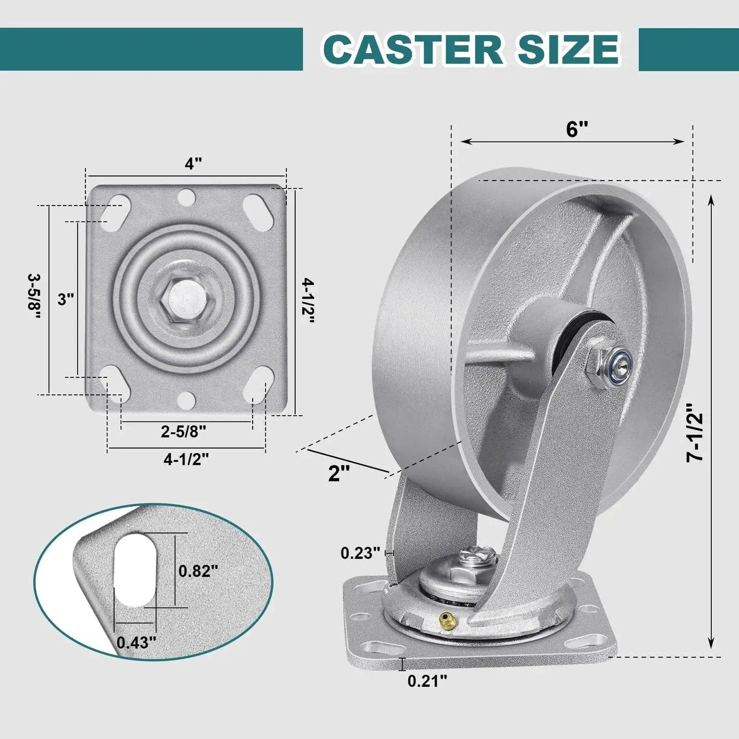 Heavy Duty Industrial Casters 6 x 2 Inch With Cast Iron Wheels And Roller Bearings, Galvanized Steel Hubs, Zinc Plated Yokes