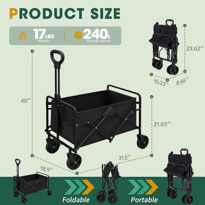 Heavy Duty Collapsible Wagon With Wheels 370 Lb Capacity Foldable Beach Cart with dimensions and folded view