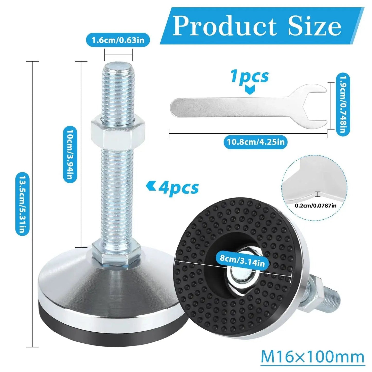 Four Piece Heavy Duty Leveling Feet Set With M16 Thread For Workbenches, Machines, And Cabinets, 60mm Base Diameter, 100mm Tall