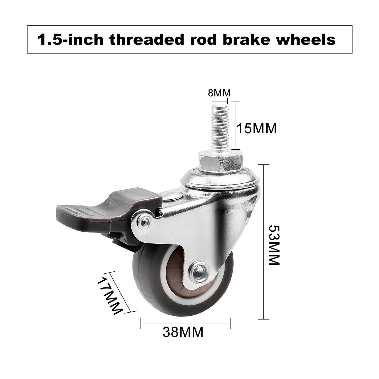 Heavy Duty Metal Castor Wheels With Brakes For Adjustable Height Standing Desks And Mobile Workstations, dimensions shown