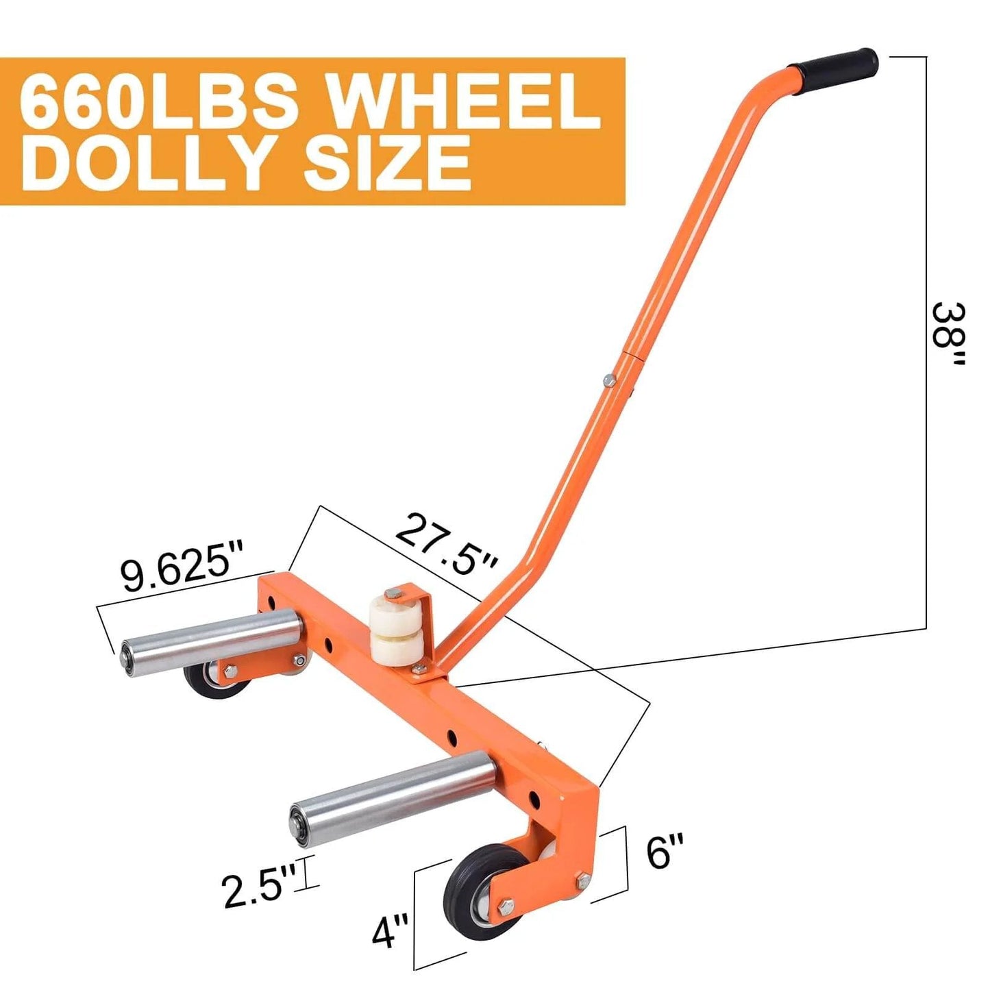 Heavy-Duty Adjustable Tire Wheel Dolly for Workshop, Garage, Orange, showing size dimensions and smooth motion design, 660 lbs capacity.