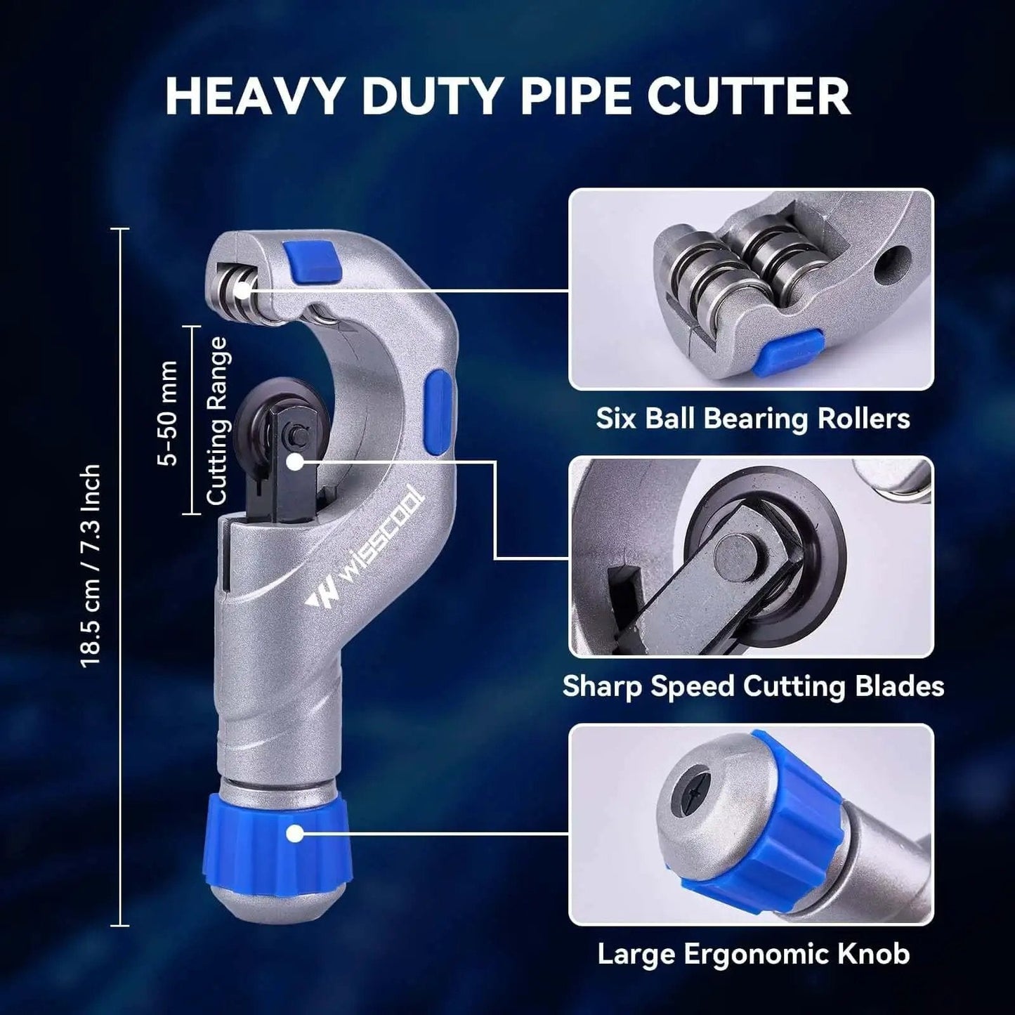 Heavy duty copper pipe cutter featuring ergonomic knob, six ball bearing rollers, and sharp speed cutting blades for HVAC plumbing.