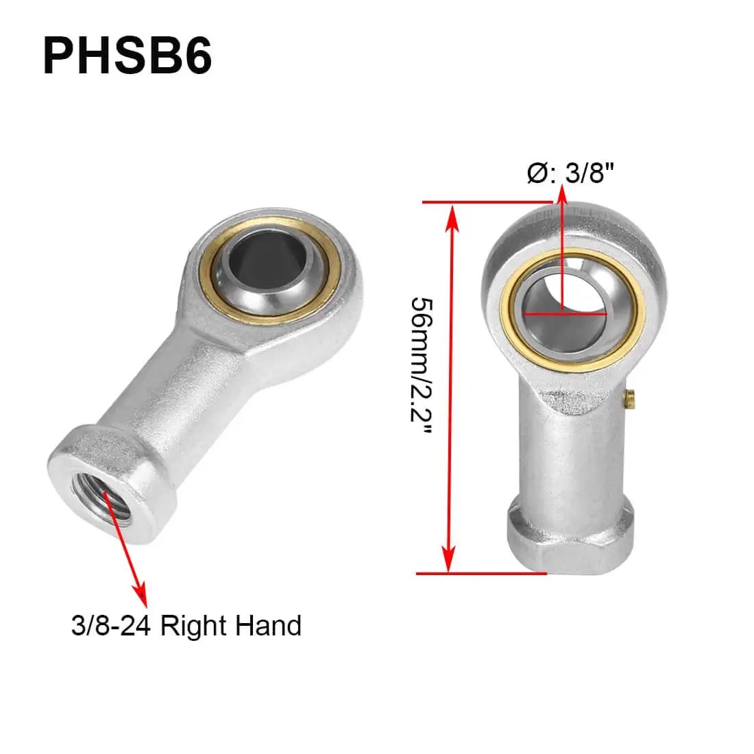 Heavy Duty Rod End Bearing 3/8 Inch Bore 3/8-24 Right Hand Thread Self Lubricating Female Heim Joint Two Pack With Jam Nuts