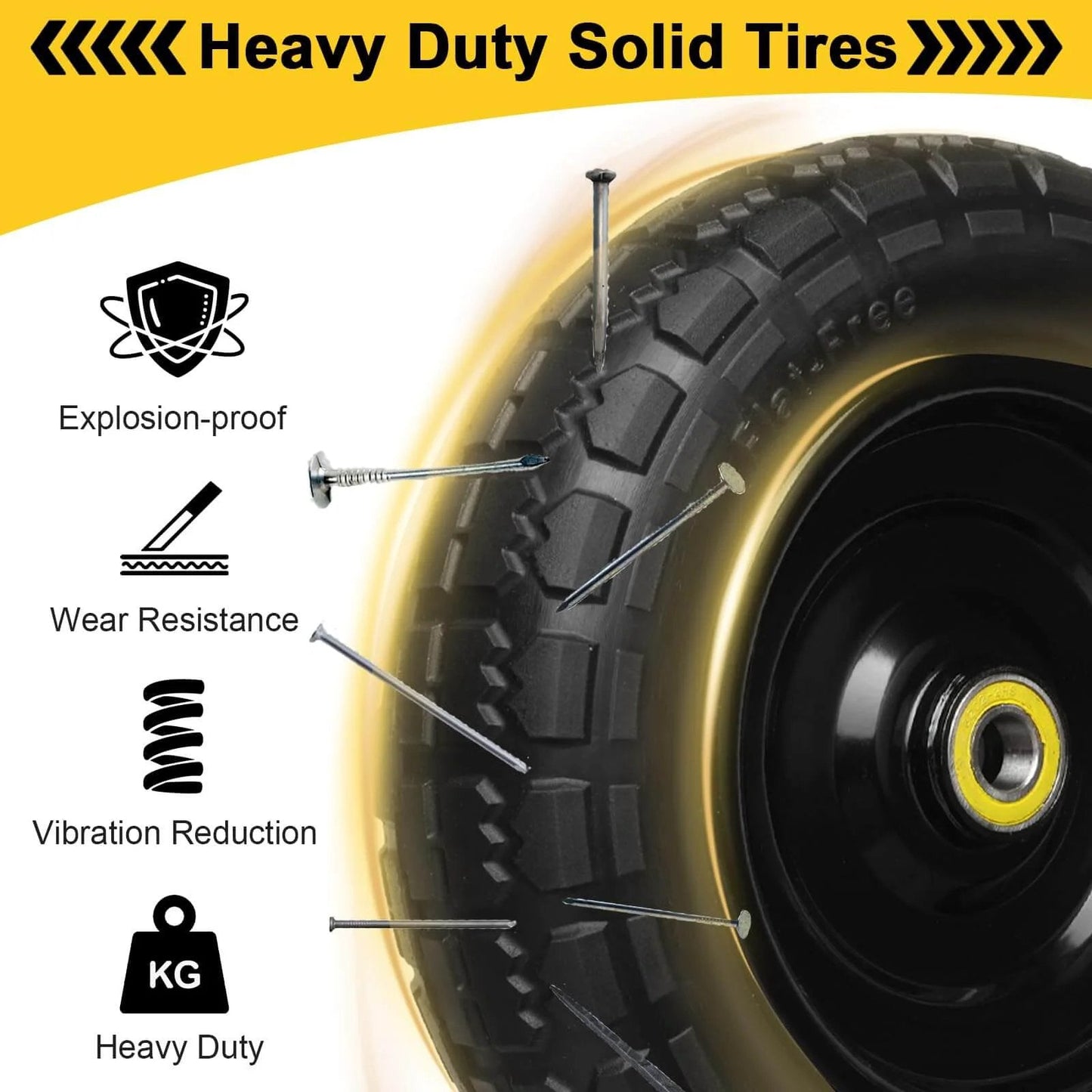 Heavy duty solid tire with explosion-proof and wear resistance features, highlighting vibration reduction, designed for durability.