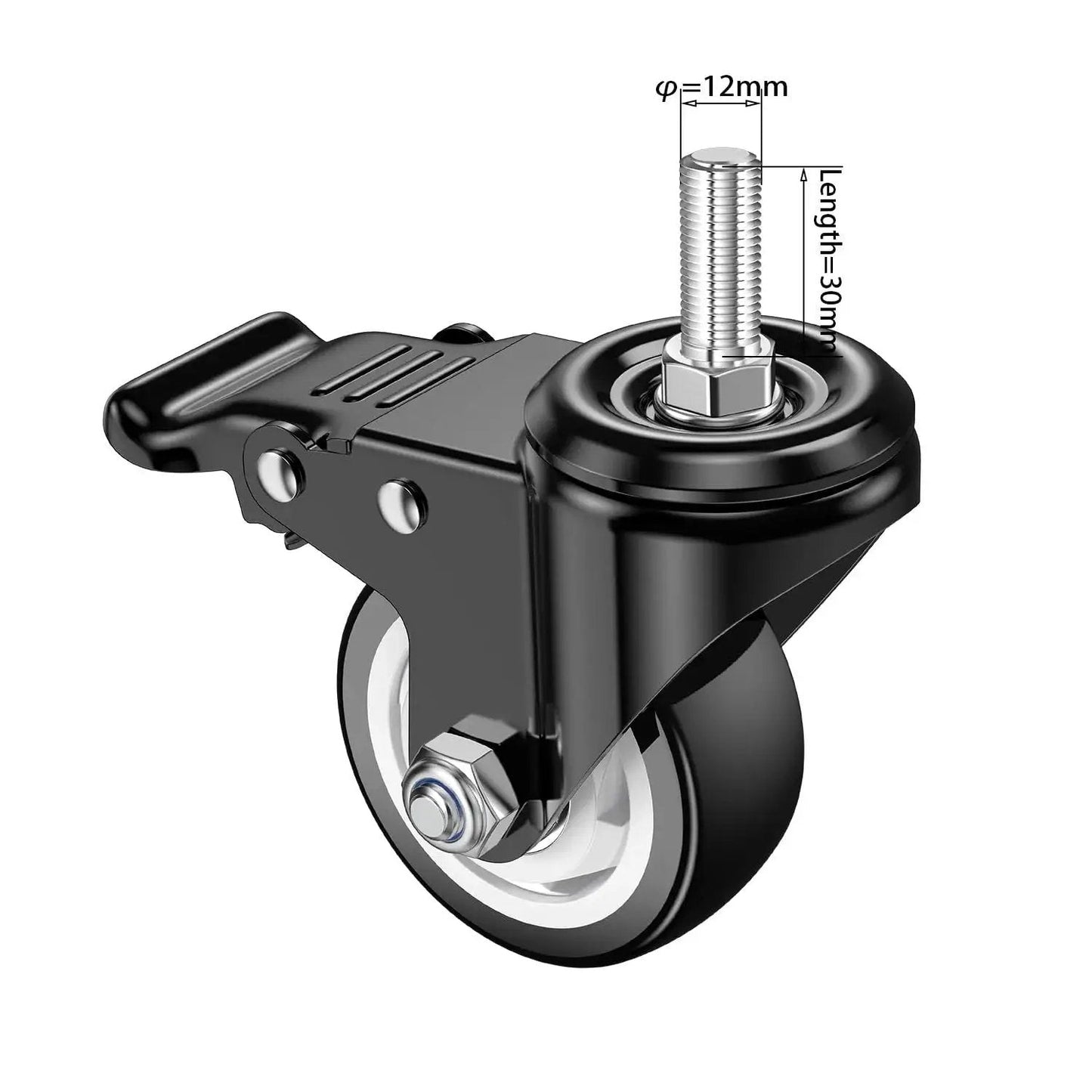 3 Inch Stem Casters With M12 Thread, 12mm Diameter By 30mm Length, Heavy Duty Locking Swivel Caster Wheels, 360 Degree Rotation
