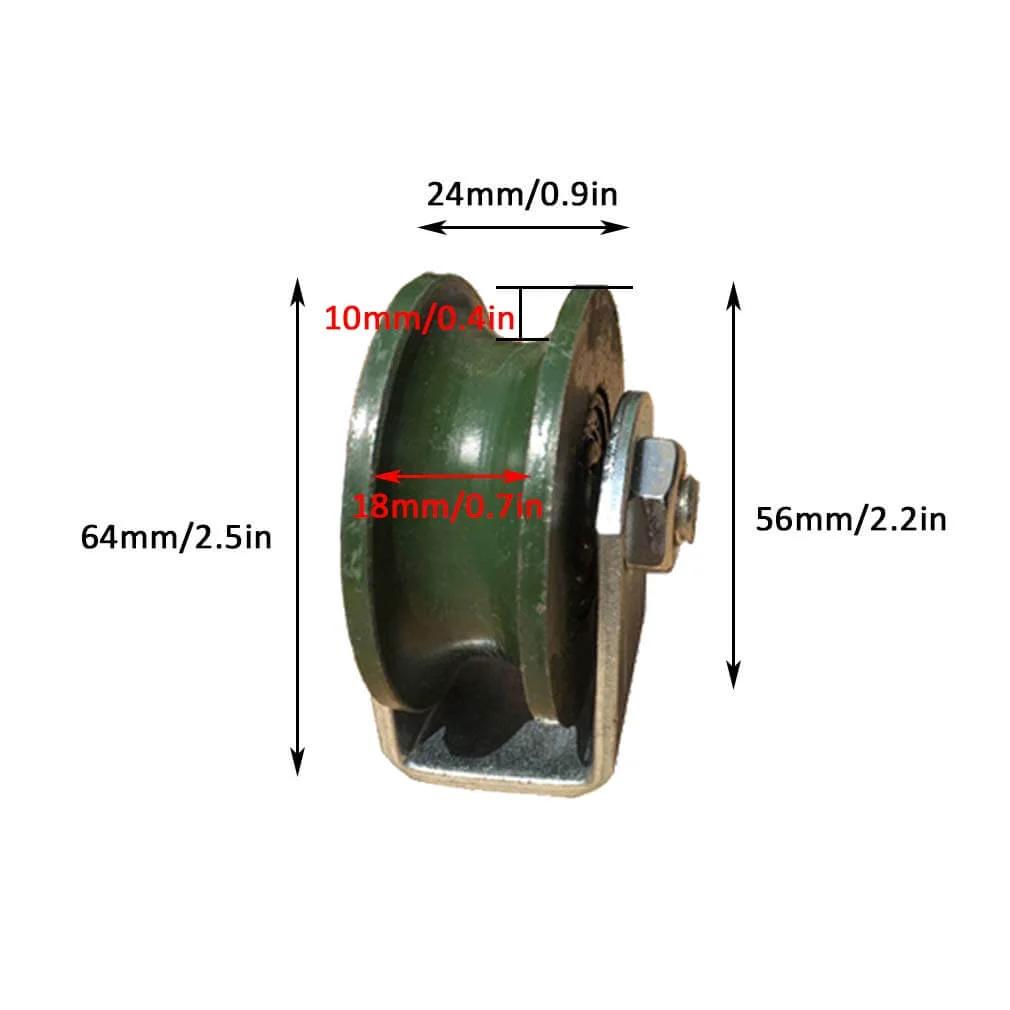 Side view of heavy duty U-groove track pulley wheel set for inverted round tube systems, cast iron, 56mm diameter, with measurements.