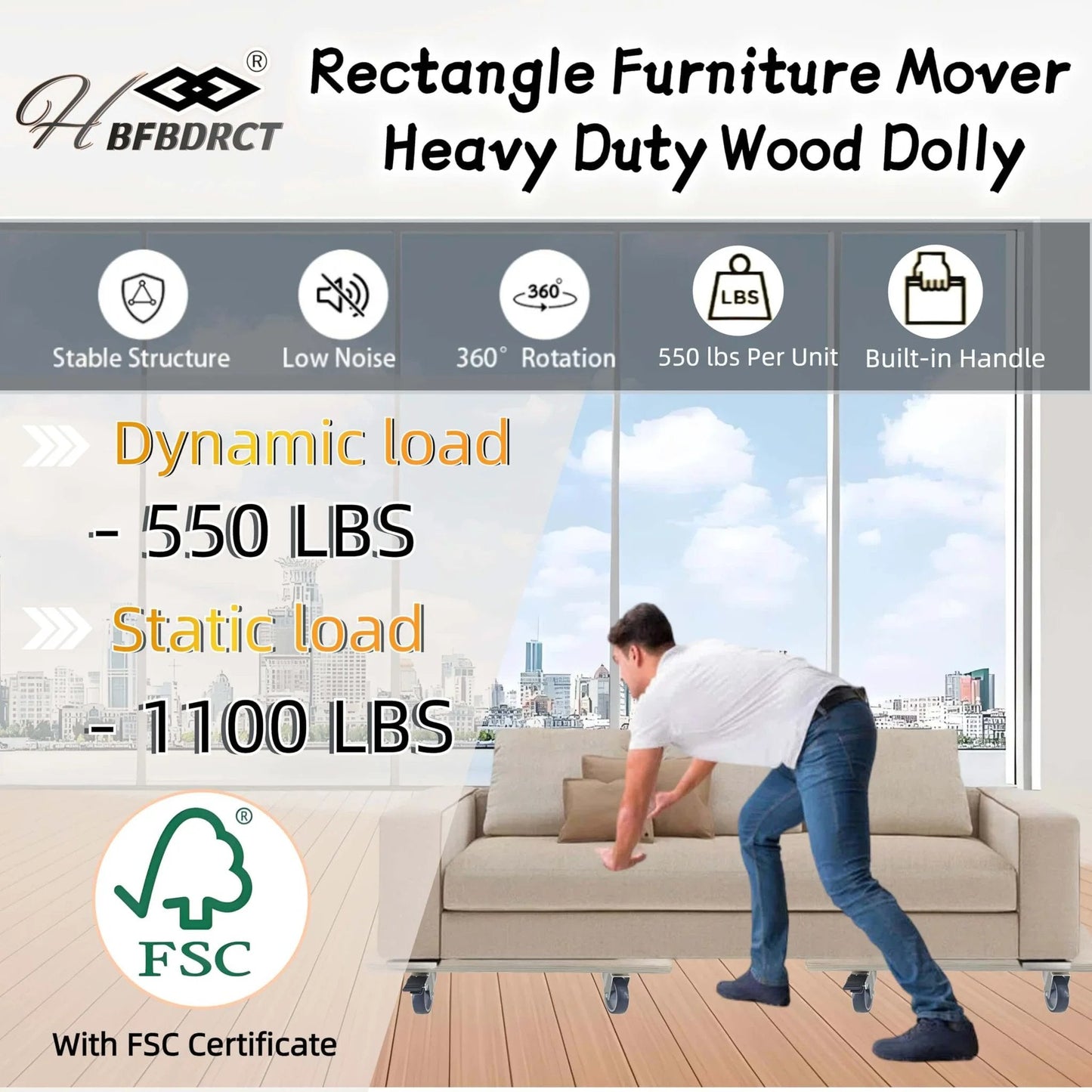 Man using heavy duty real wood furniture dolly set of 2 with 4 wheels, 2200 lb static load capacity per pair, in living room