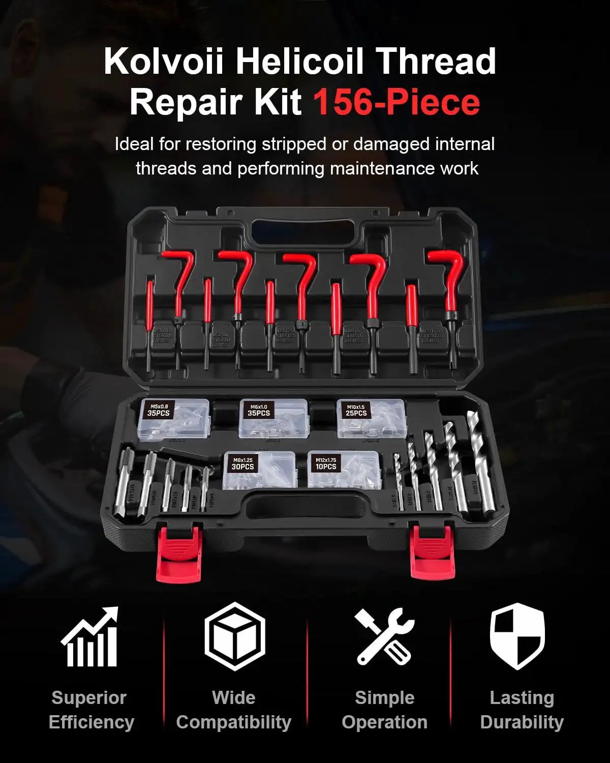 Complete Metric Helicoil Thread Repair Kit 156-piece set from Kolvoii for automotive engines and industrial machinery displayed in case