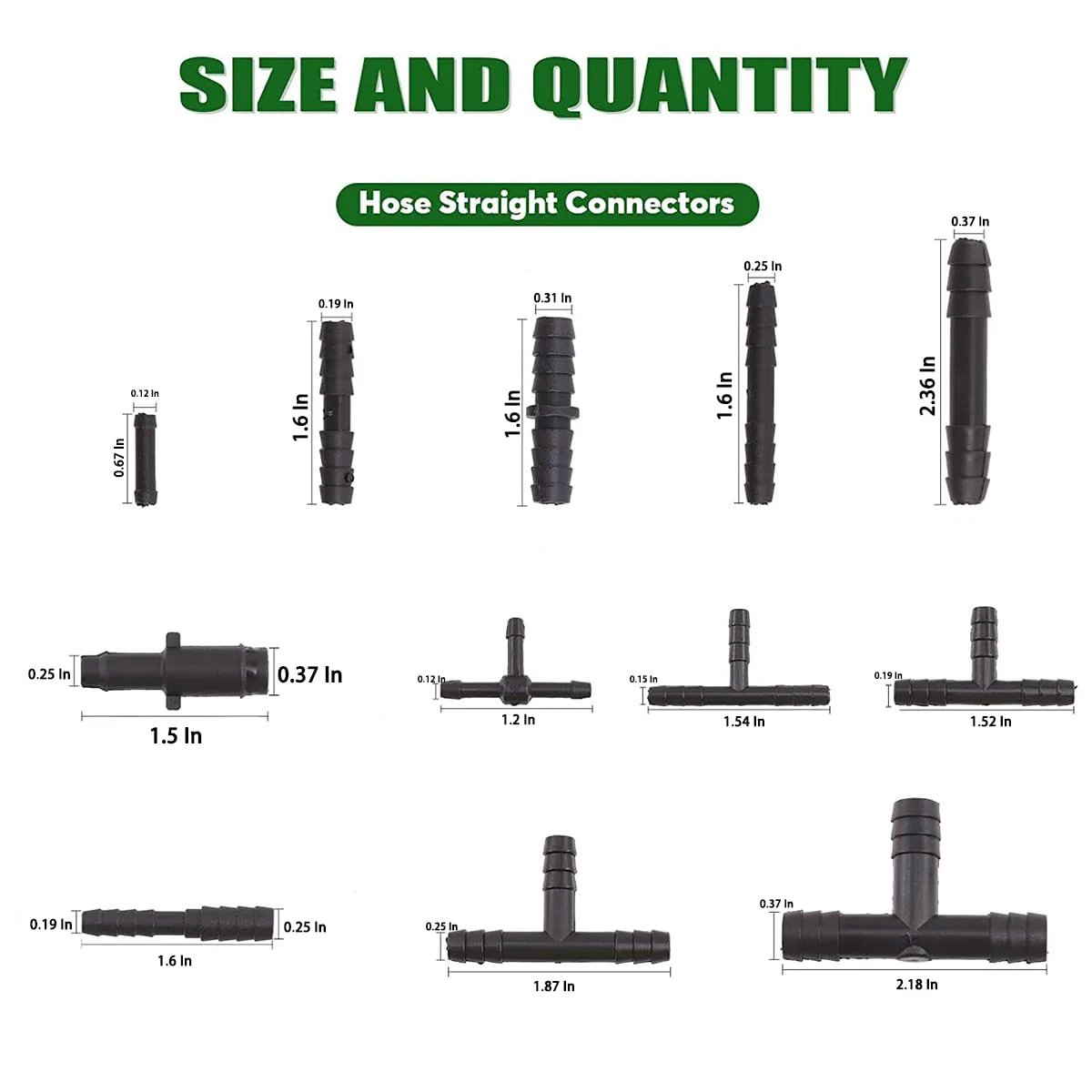 Hose straight connectors from Nylon Barbed Vacuum Connector Kit With 113 Pieces From BELOMI, showing various sizes and dimensions.