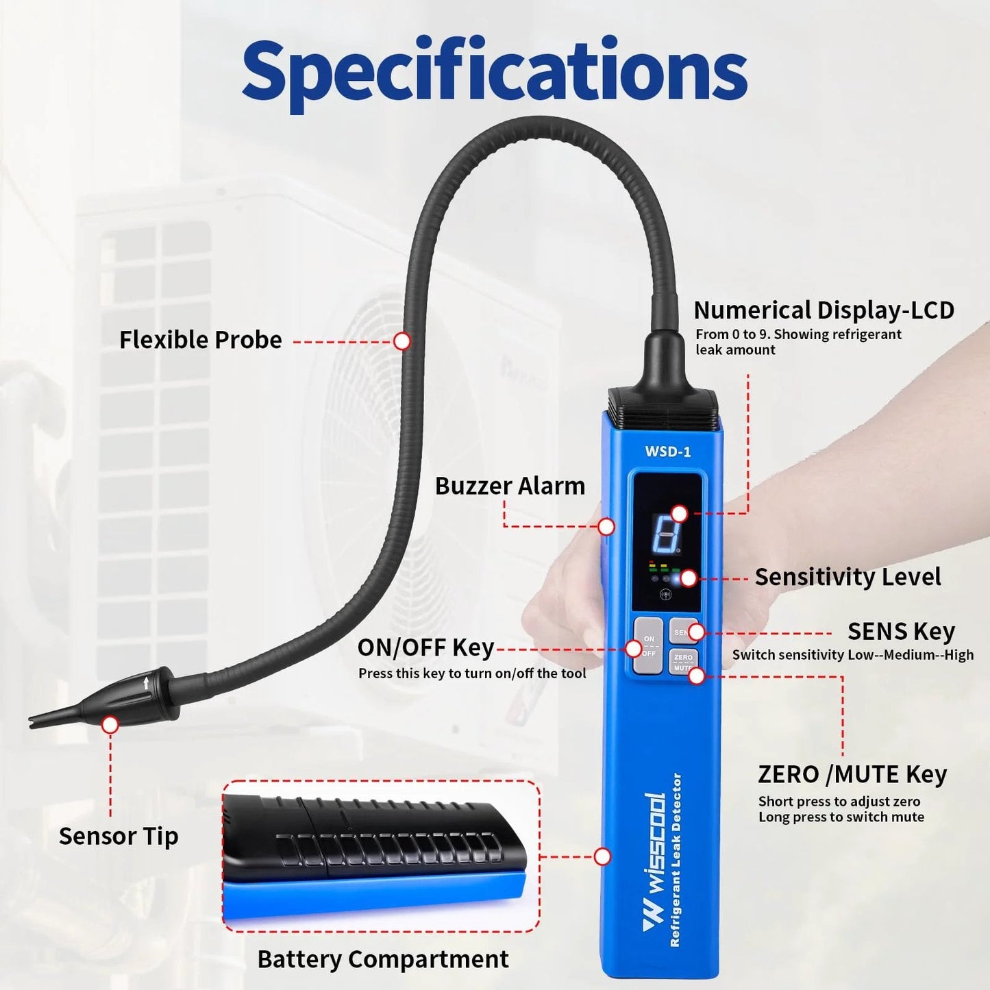 HVAC Leak Detector For Halogen Gas Leaks With Alarm Freon Detector For R22 R410A R134A R1234YF With 3 Sensitivity Modes And Numerical LCD Display, showing flexible probe and buttons.