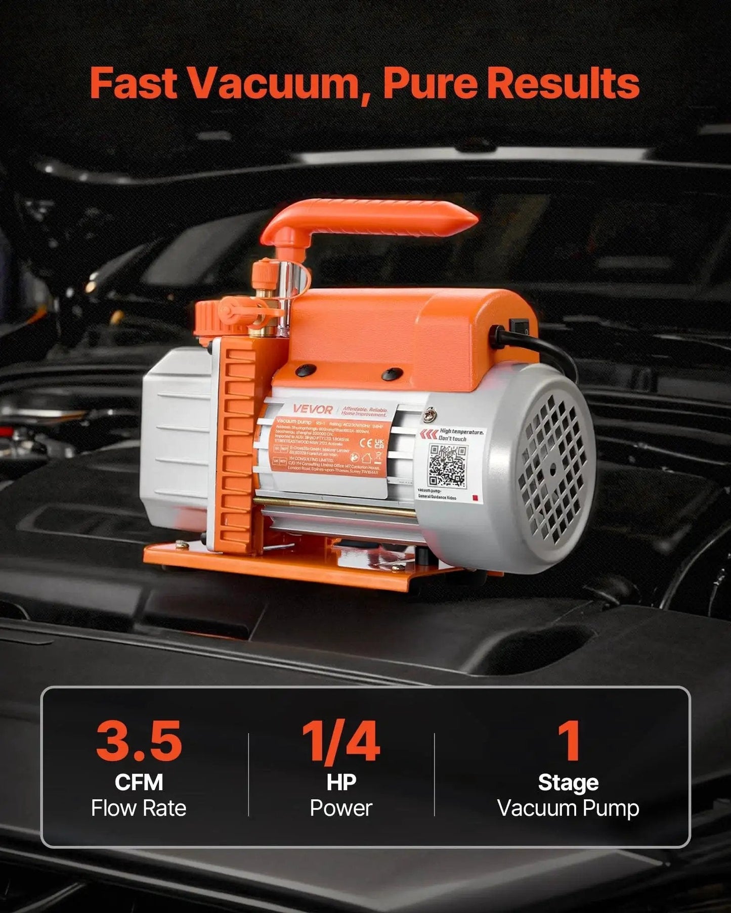 HVAC Vacuum Pump With Three Point Five CFM Flow And Quarter Horsepower Single Stage Rotary Vane positioned on car engine.