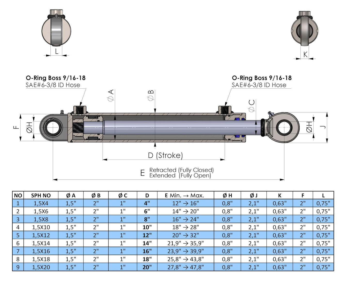 Diagram of ✝️ Hydraulic Cylinder - Swivel Eye Cylinder - Universal Hydraulic Cylinders (Bore Size : 1.5", Stroke : 8") with specs table.