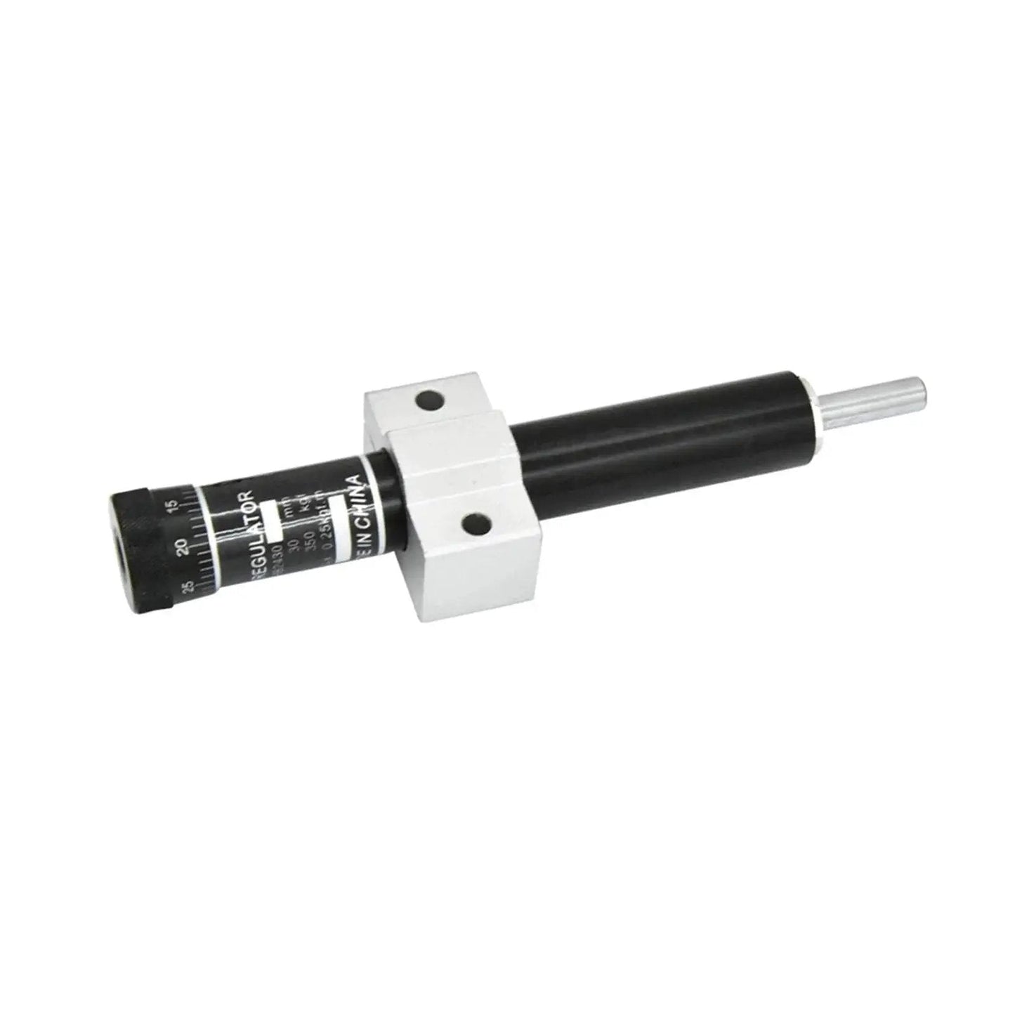Front view of Hydraulic Damper Regulator RB 2430 for 30mm stroke, compact and oil-filled, showcasing adjustable speed control dampers.