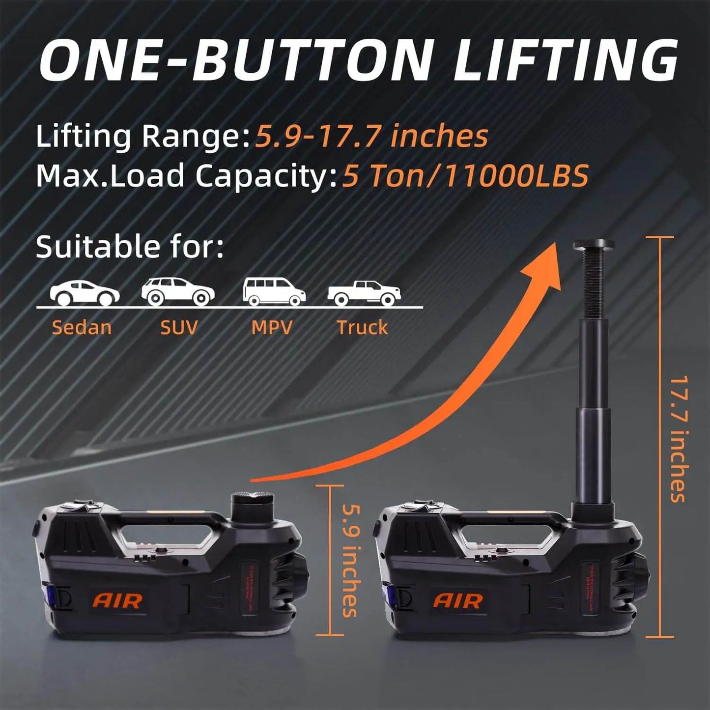 Heavy Duty 5 Ton Hydraulic Floor Jack Kit With Tire Inflator LED Light showing 5.9-17.7 inch lifting range for vehicles.