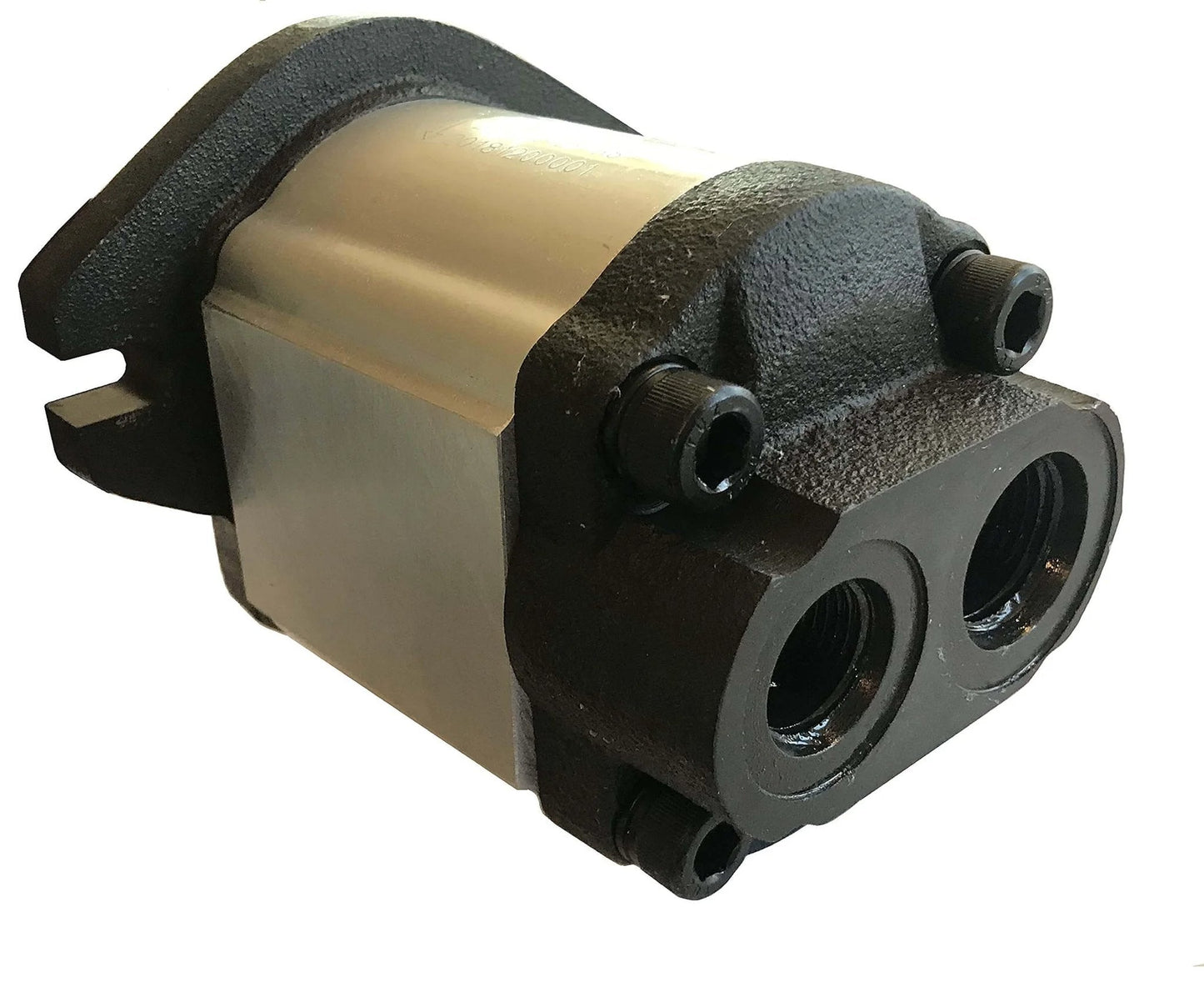 Hydraulic Gear Pump 20cc/rev (.122in3/rev) 4-15gpm 39.4HP 3625psi, rear view showing SAE A flange and rear ports with black casing.