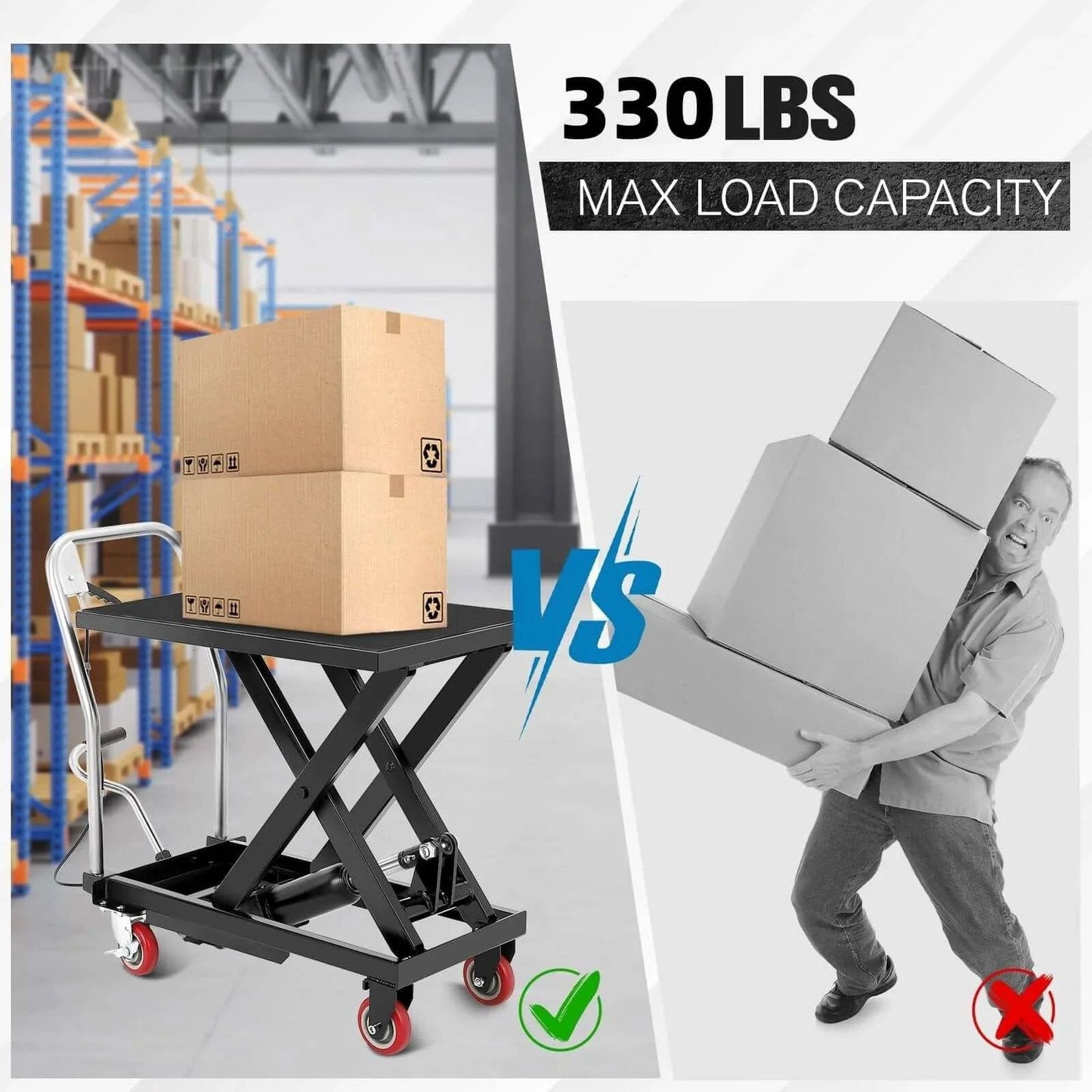 Hydraulic Lift Table Cart With Four Wheels 330 Lb Capacity Adjustable Height in warehouse comparing load handling with manual lifting