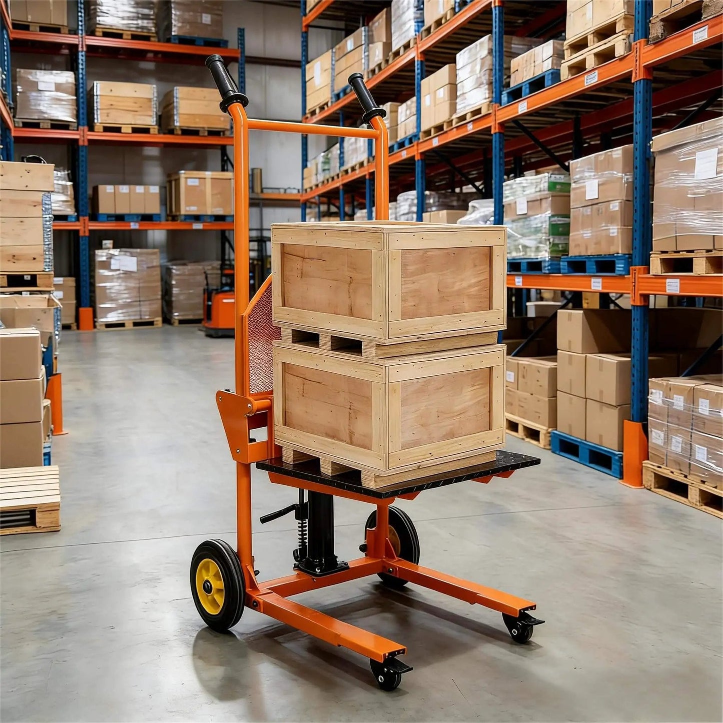 Workhorse Heavy Duty Hydraulic Material Lift With Steel Platform Board 450 Lb Capacity 36 Inch Max Lift loaded in warehouse