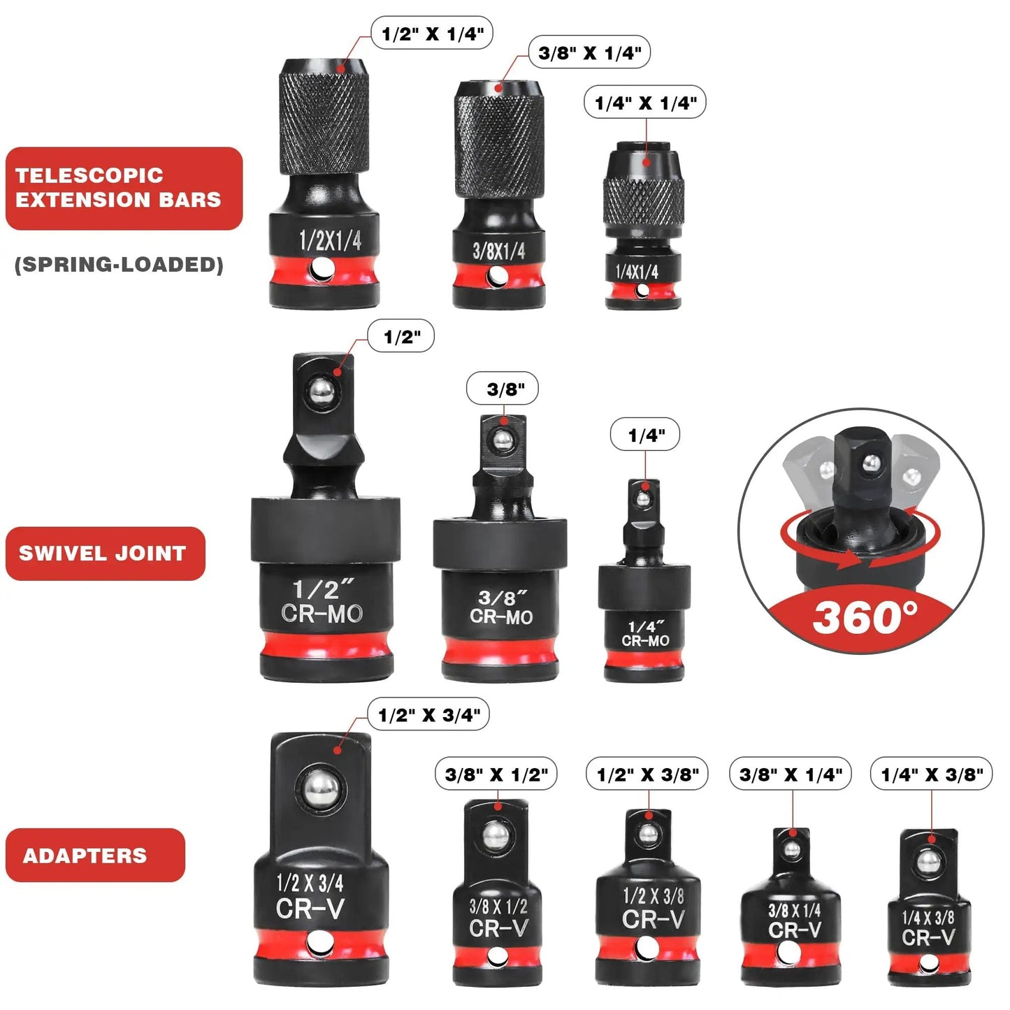 11 Piece Impact Socket Adapter Set With One Quarter Inch Drive, Three Eighth Inch Drive And One Half Inch Drive, CR-V and CR-MO steel
