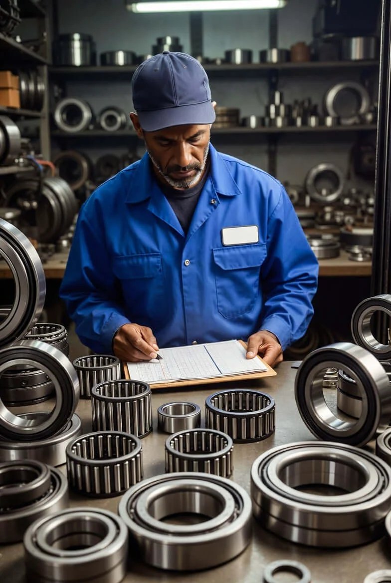 Worker inspecting bearings in a workshop, featuring forklift FPE371983 mast roller bearing built with premium materials.