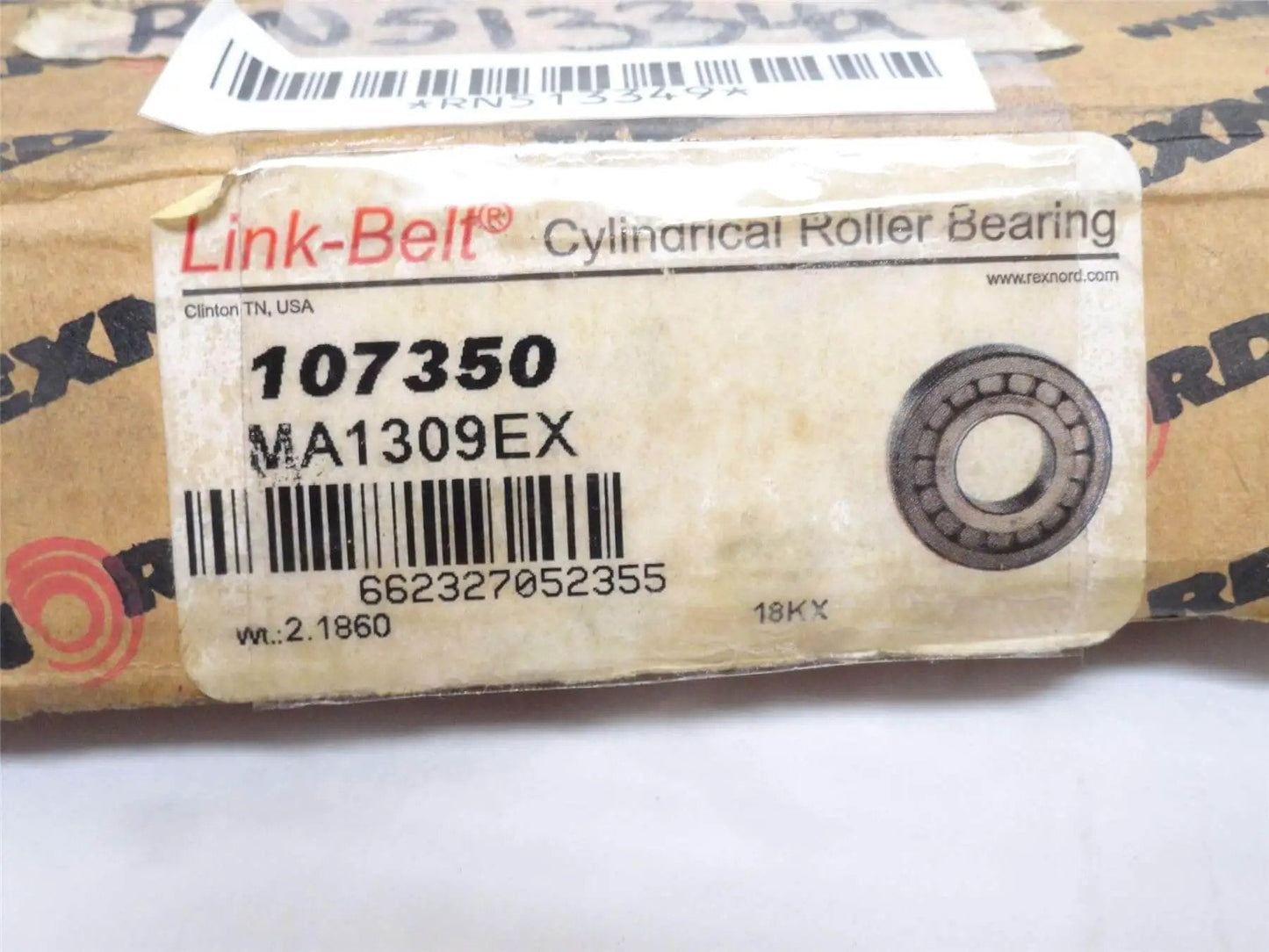 Packaging of Industrial Cylindrical Roller Bearing 45mm ID X 100mm OD, 25mm Width, MA1309EX with barcode and label details.
