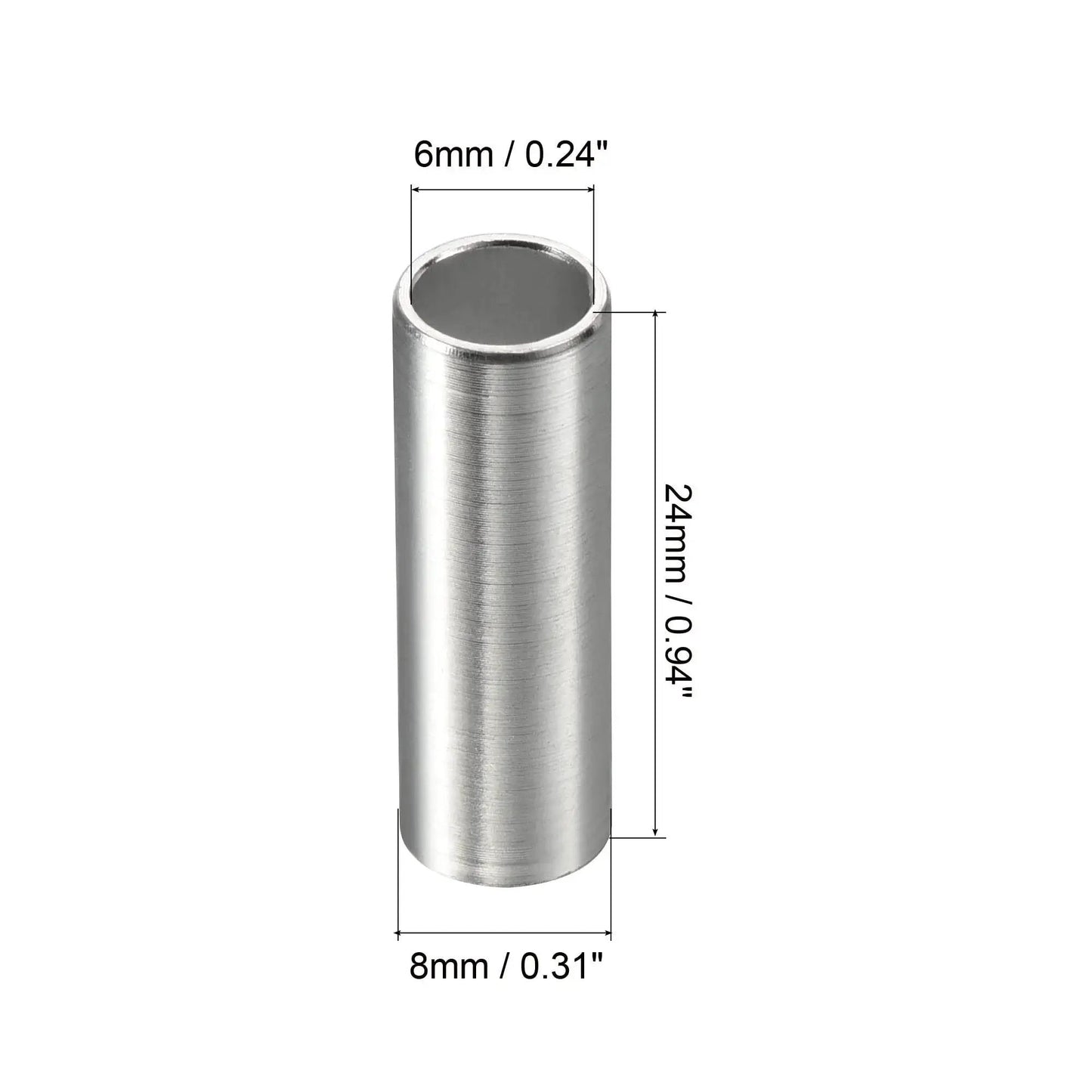 Inline Skate Axle Bearing Spacers Kit, 8 Pack, Aluminum 6mm Axle Spacers 24mm Long, Silver, showing single spacer with measurements.