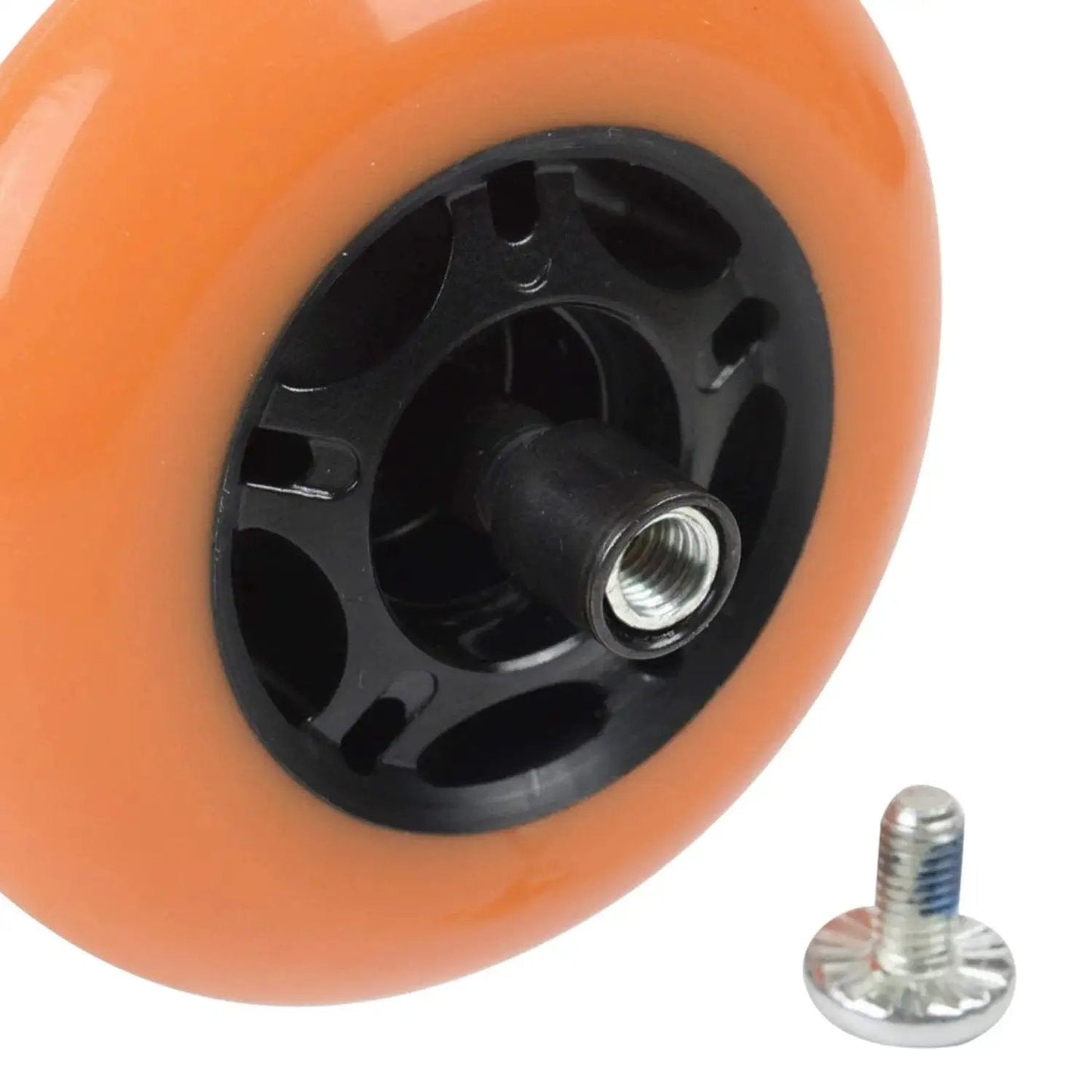 Orange inline skate wheel with 8mm Bearing Spacers for Inline Skates Set to Increase Spin Speed, visible axle and screw on white background