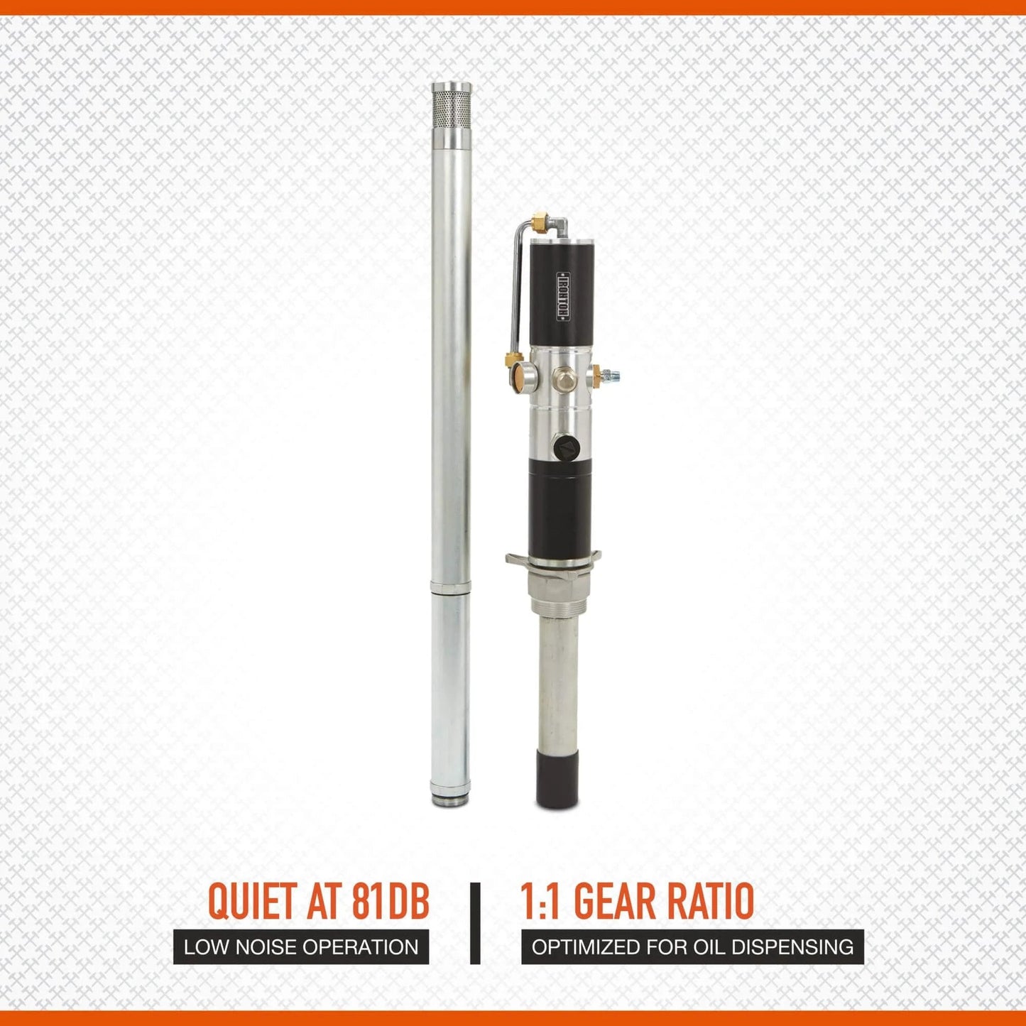 Ironton Air-Operated Oil Transfer Pump - 1:1 Ratio, 10.58 GPM with dual metal pipes and black mechanism, 81dB quiet operation feature.