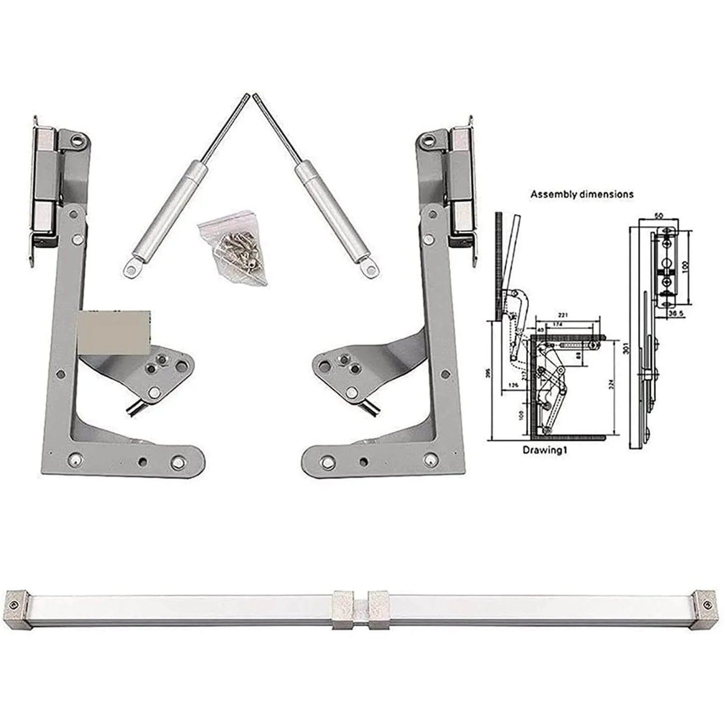 Kitchen Cabinet Door Flap Up Support Furniture Hinge components and dimensions, Translational Lift Up Mechanism kit shown.