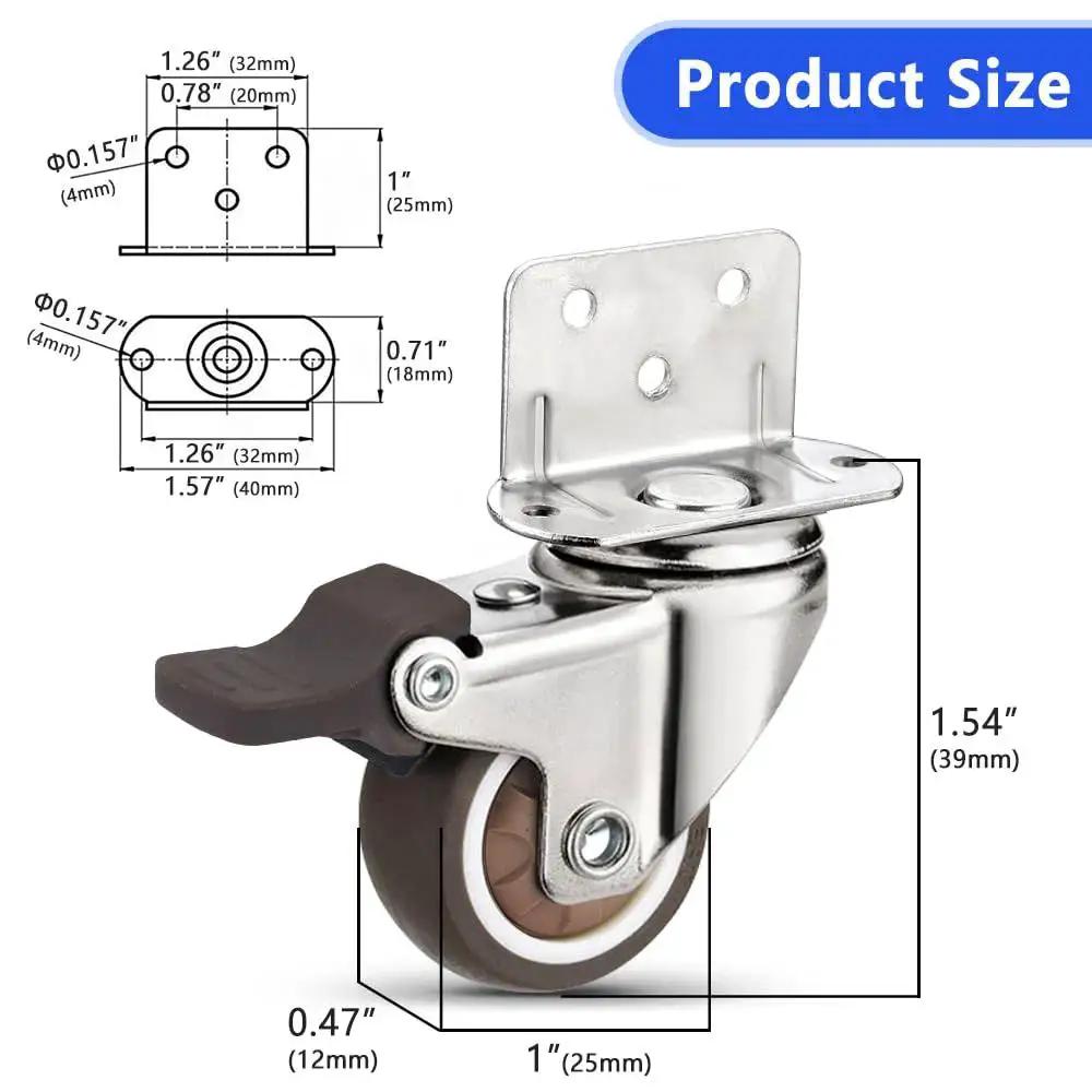 Heavy Duty Casters Set Of 4 With Brake For Baby Beds Carts And Cabinets 1 Inch L Shape Side Mount TPR Plate Wheels