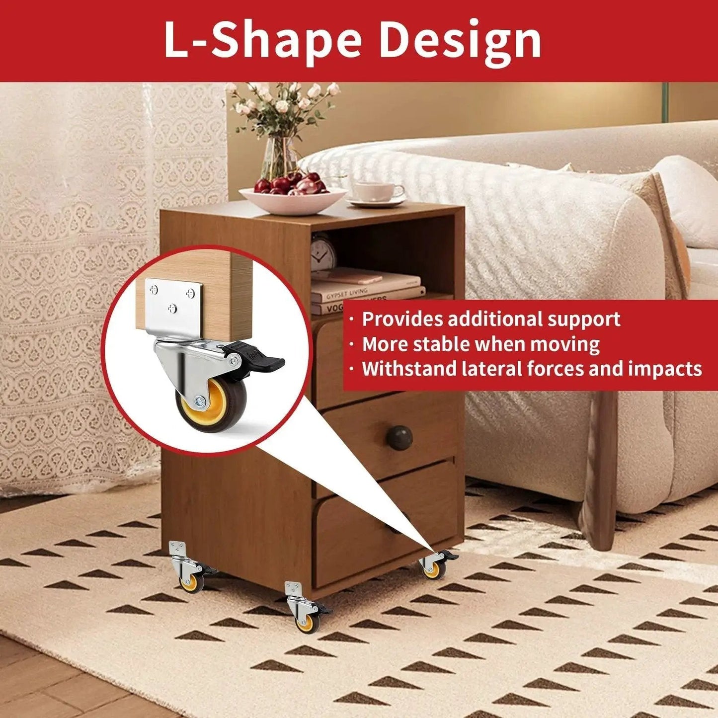 Side Mount Casters With Brake 2 Inch L Shaped Small Caster Wheels on wooden furniture in living room