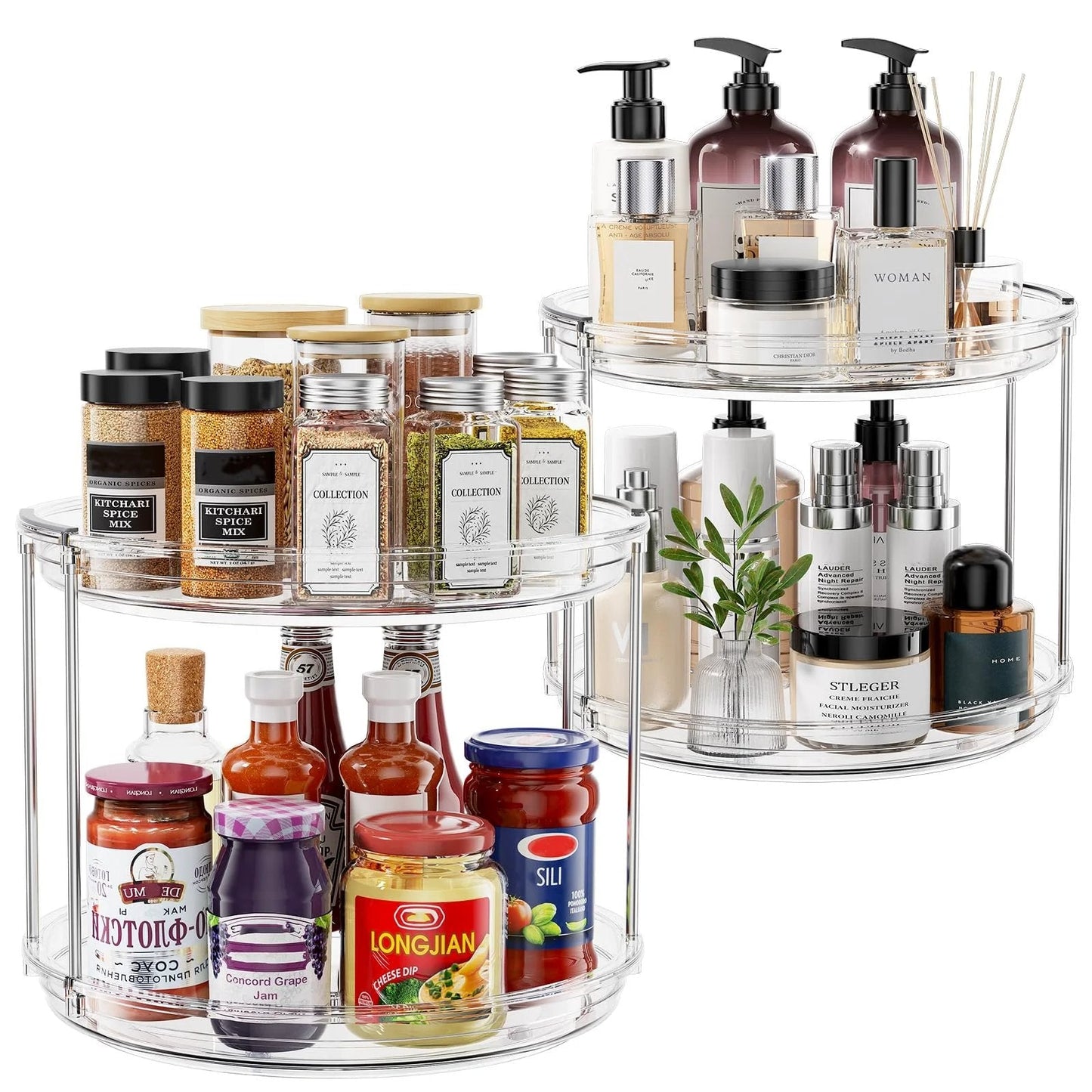2 Pack Double Layer Lazy Susan Turntable Organizer 9.25 Inch Rotating Spice Rack For Cabinet Pantry Countertop Bathroom Vanity And Medicine Cabinet Clear Stackable Design For Maximized Storage Two Sets Create Three Tier Organization