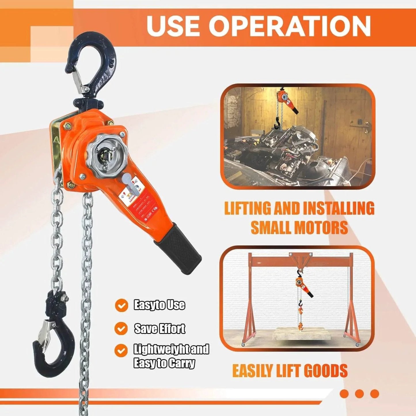 Lever Chain Hoist 1650 Lbs Capacity 10 Ft Manual Ratchet Chain Puller with Two Hooks for Outdoor No Power Use in operation