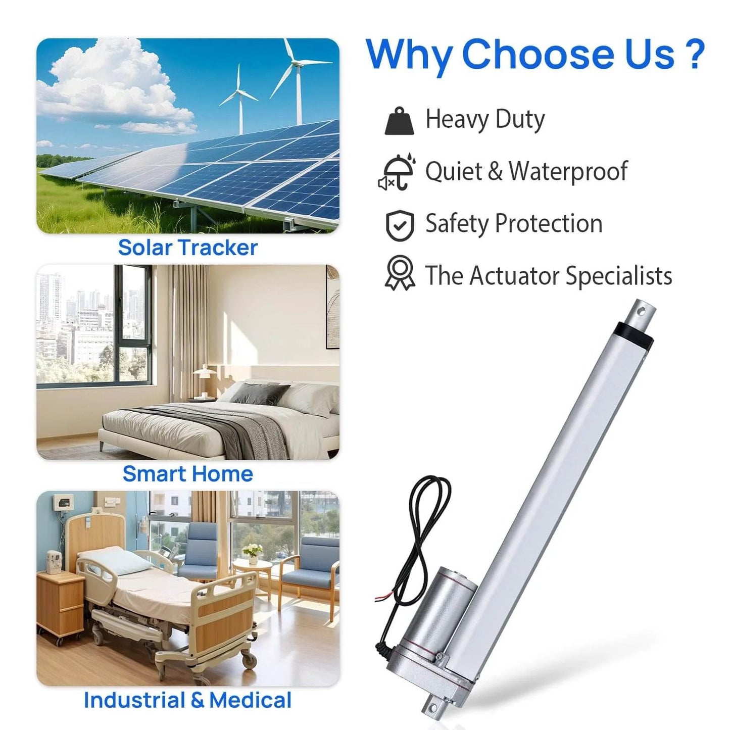 Heavy Duty 330 lb 1500 N 12V Linear Actuator 12 inch 300 mm Stroke for Solar Tracker with Mounting Brackets IP54 Waterproof