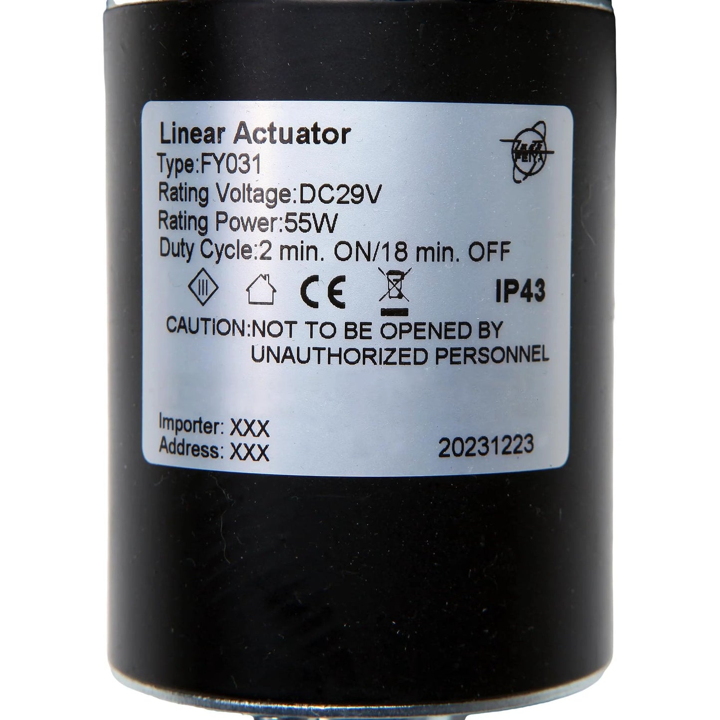 Label on OEM Replacement FY031 Linear Actuator for Power Recliner Lift Chairs showing specifications and safety information.
