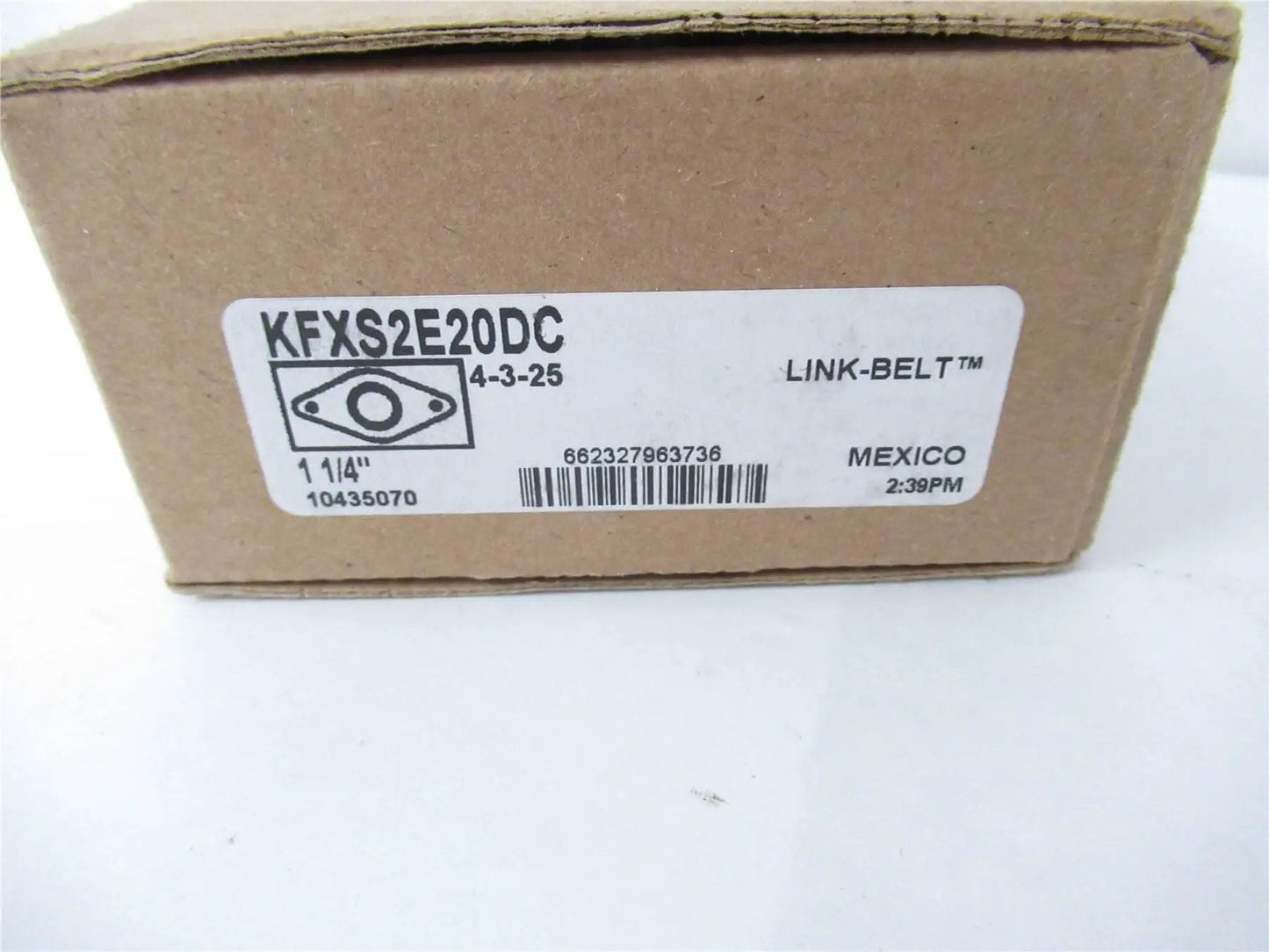 Link-Belt Flange Bearing One And One Quarter Inch Internal Diameter Two Bolt Mount Rexnord KFXS2E20DC packaging label