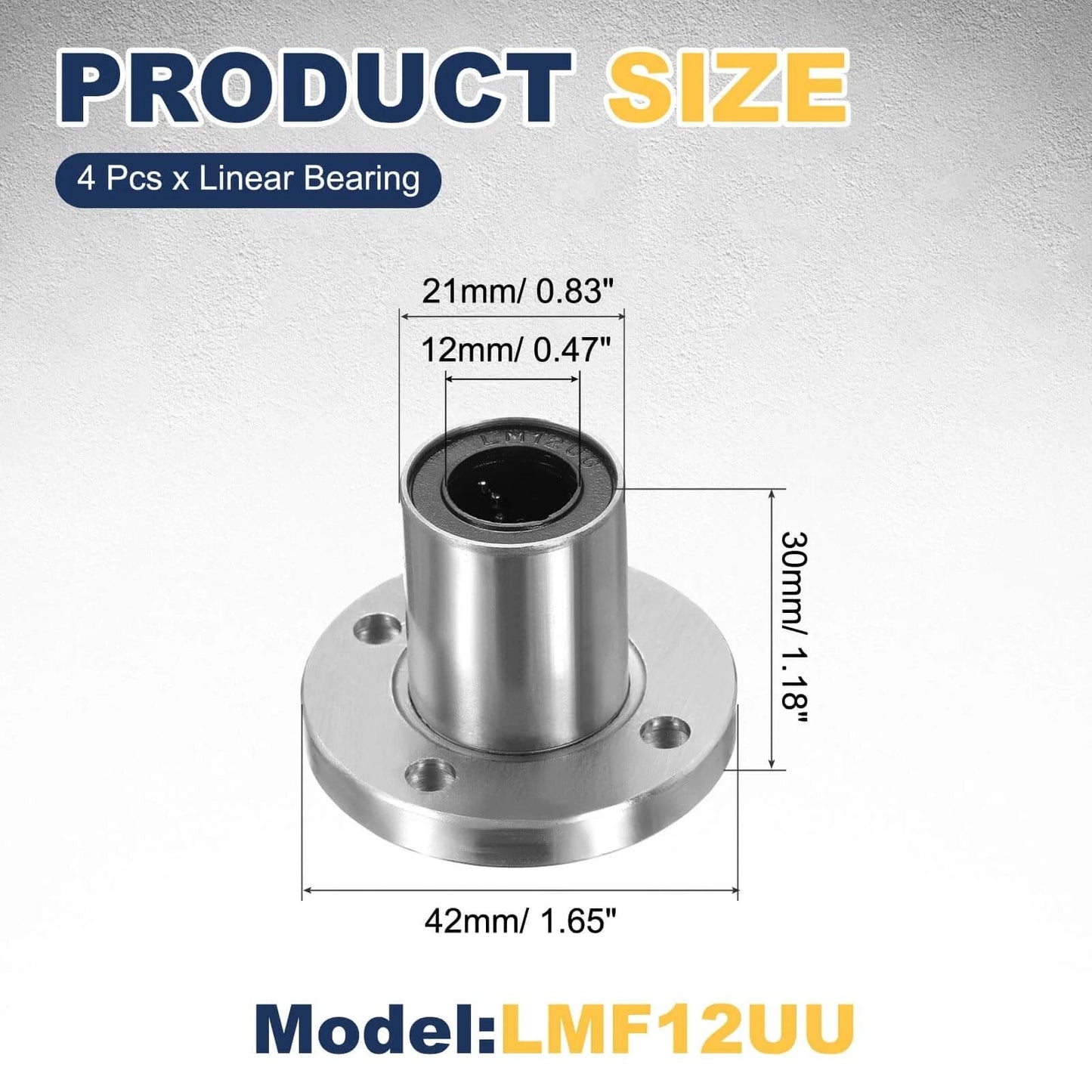 4 pack lmf12uu linear ball bearings, 12mm bore round flange motion bushing with size dimensions shown