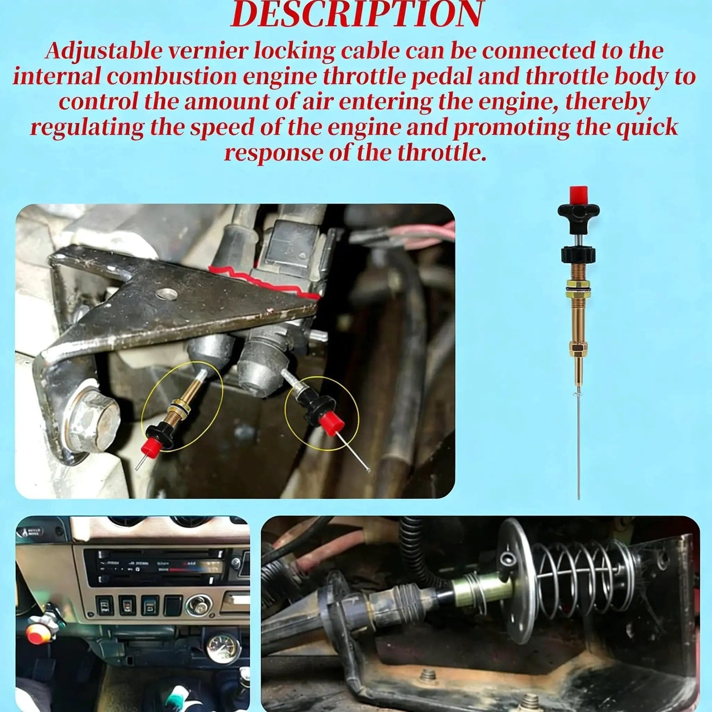 Heavy Duty Locking Throttle Cable 15ft Adjustable Kit for Truck Equipment with Stainless Steel Core in installed position