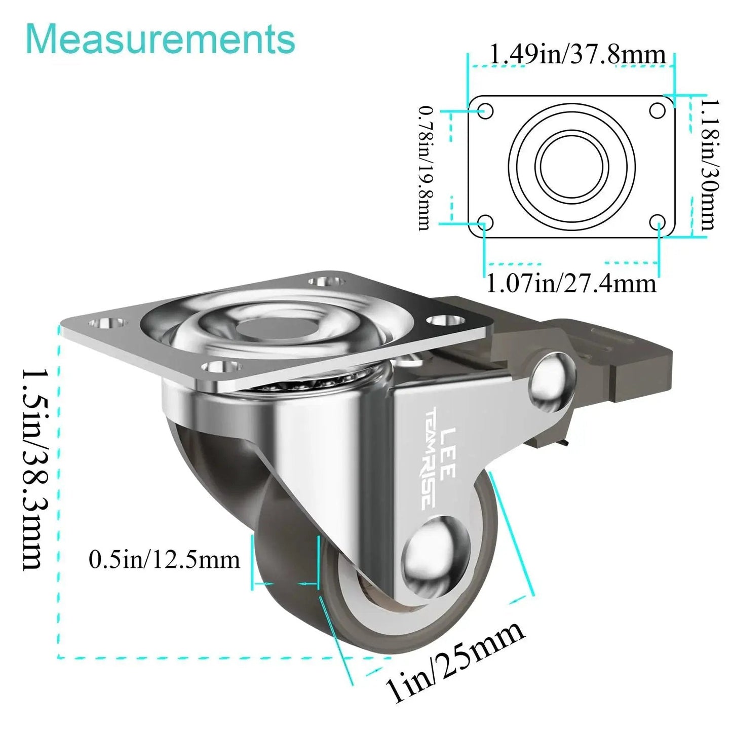 One Inch Low Profile Caster Wheels For Furniture Set Of 4 With Soft Rubber Swivel Casters And Locking Top Plate, 110 Lbs Load Capacity, Includes Two With Brake And Two Without, Smooth Rolling shown with measurements.
