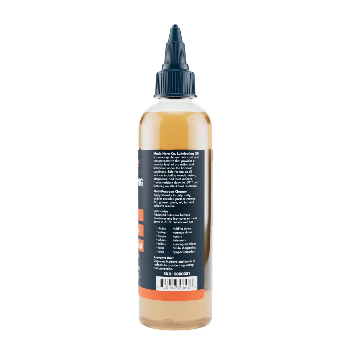 Back view of 4oz Multi-Use Lubricating Penetrant Oil bottle for home, auto, and industrial jobs with deep penetration, Made Here Co.