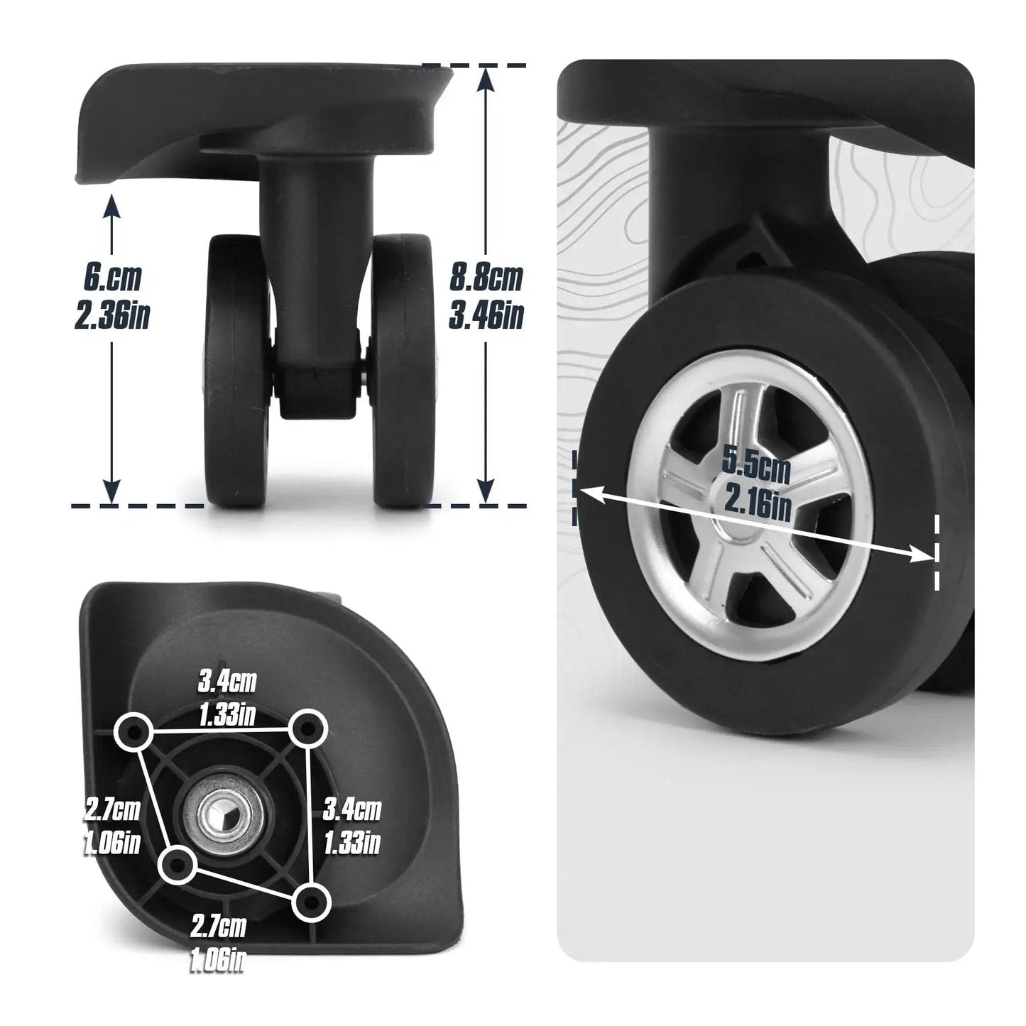 Replacement Luggage Swivel Caster Wheels Pair With 360 Degree Rubber Trolley Wheel Kit For Suitcases Repair And Travel Durable And Load Bearing With Premium PVC Rubber Metal Construction For Heavy Luggage And Smooth Quiet Rolling DL130, showing detailed dimensions and design
