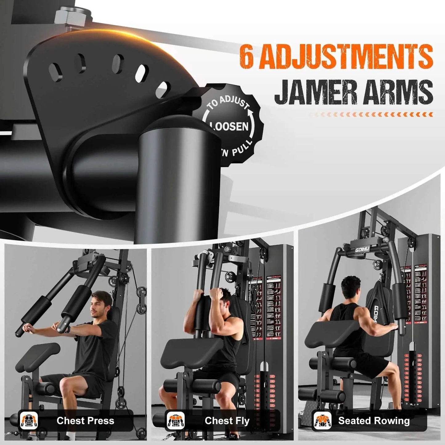 M1 Pro Workout Station With 140 Lb Weight Stack, multifunctional home gym with adjustable arms and seat, showcasing exercises.