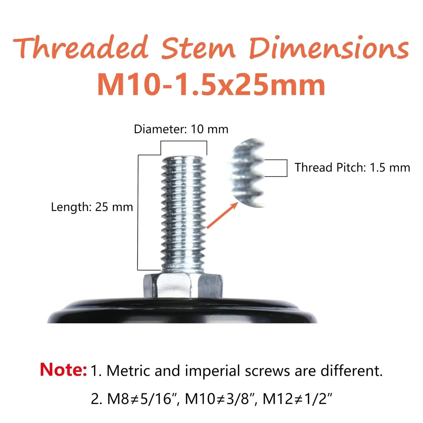 Close-up image of threaded M10-1.5x25mm stem with dimensions labeled, part of 2 Inch Stem Caster Set Of 4 Threaded M10 25 mm Stems Quiet Brakes Industrial Polyurethane Wheels For Wire Shelving Units Carts And Furniture Smooth Rolling With Shock Absorption And Long Lasting Durability.