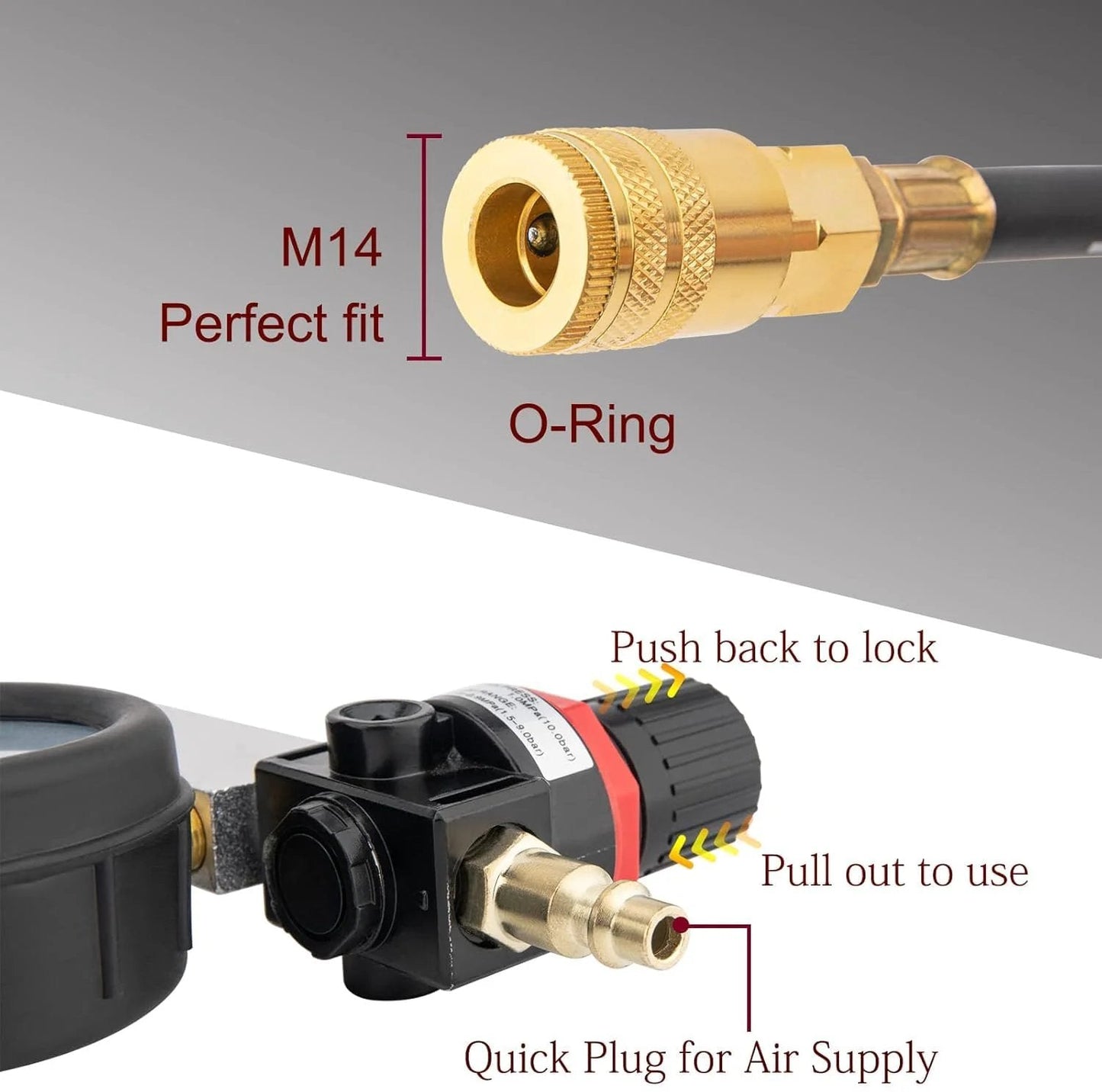 Close-up of Cylinder Leak Down Tester Kit connection features, highlighting M14 fitting, O-Ring, and quick plug for air supply.