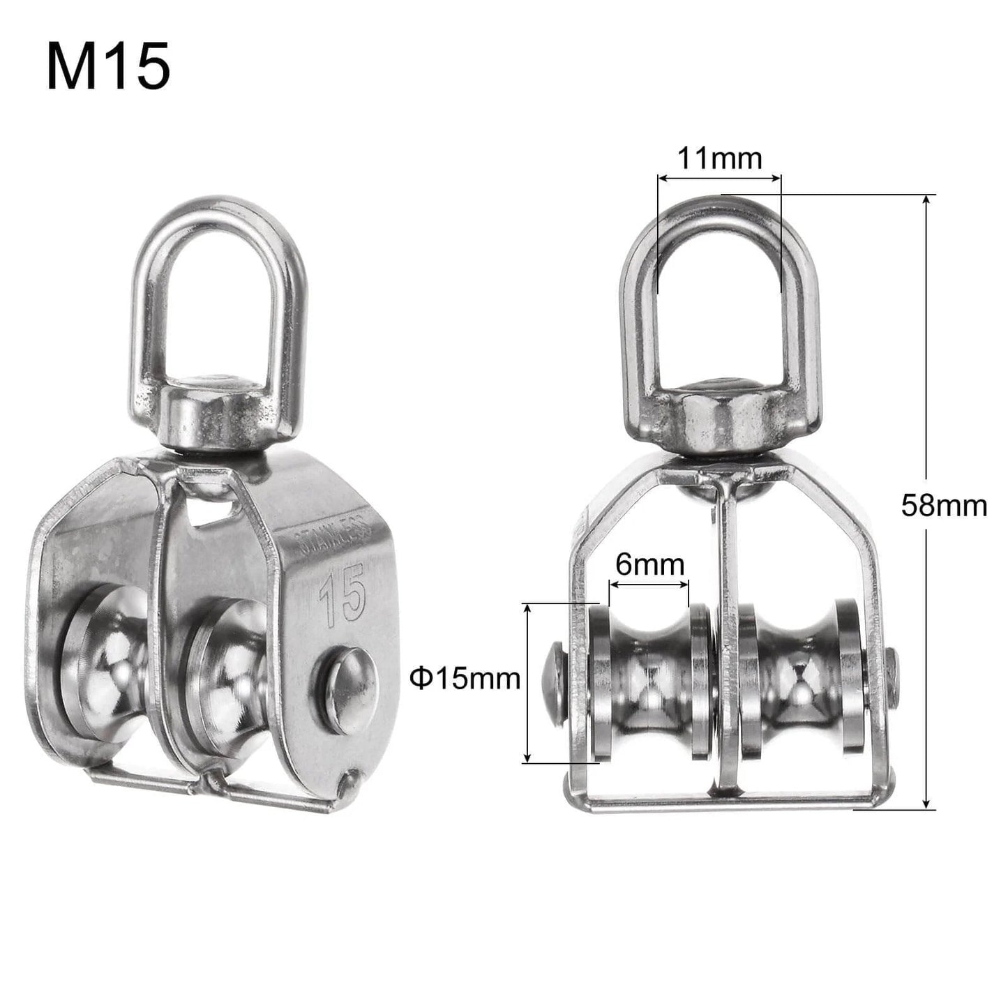 4pcs M15 Double Pulley Block, Stainless Steel Swivel Rigging Lifting Wheel Fixed Pulley, 15mm and 6mm size details